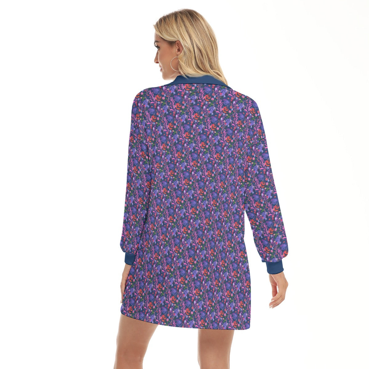 Multicolor Flowers Blue Long Sleeves Blouse. Design hand-painted by the Designer Maria Alejandra Echenique