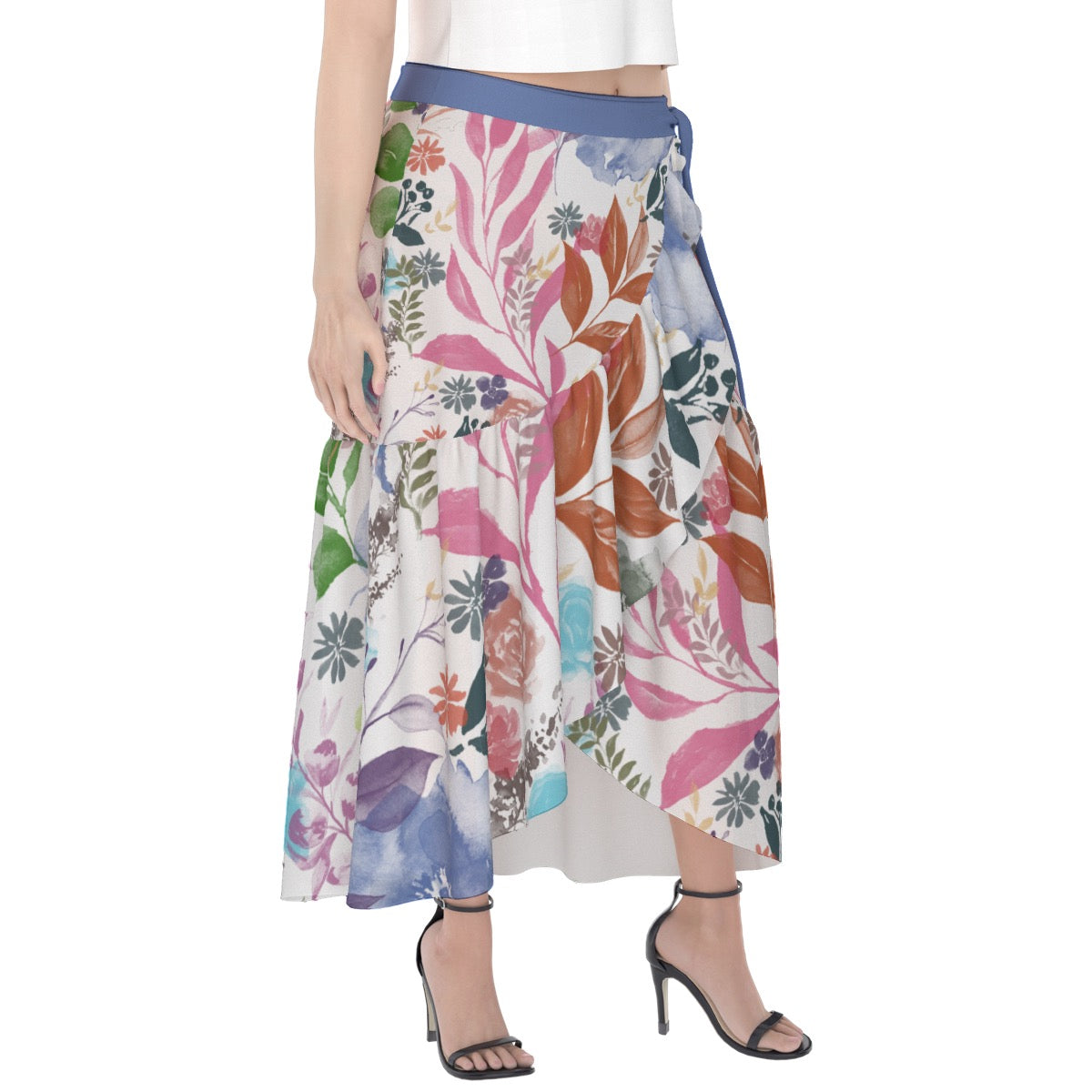 Multicolor Flowers White Wrap Skirt. Design hand-painted by the Designer Maria Alejandra Echenique