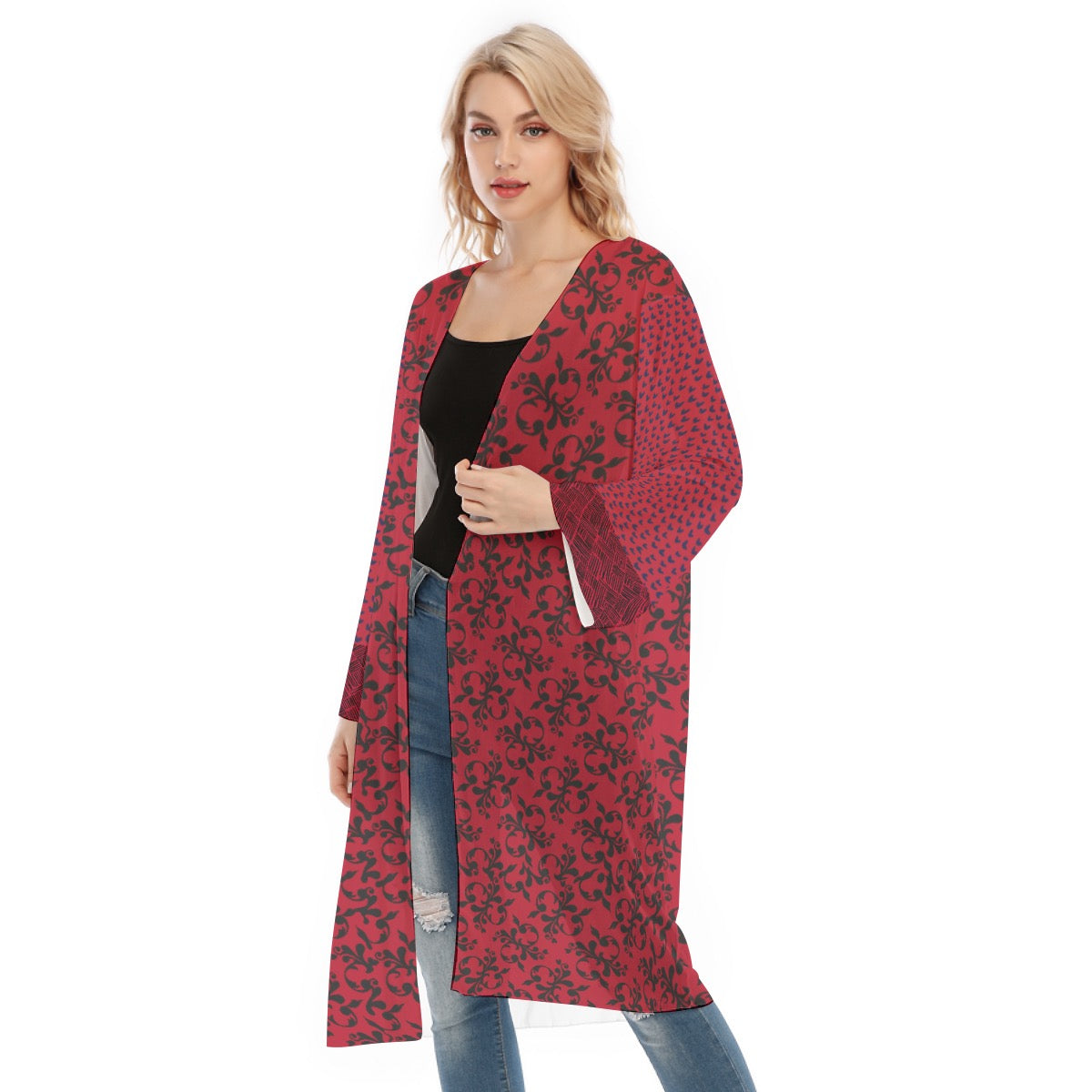 Red Long Sleeve Mesh Cardigan. Mesh Kimono. Caracas Collection