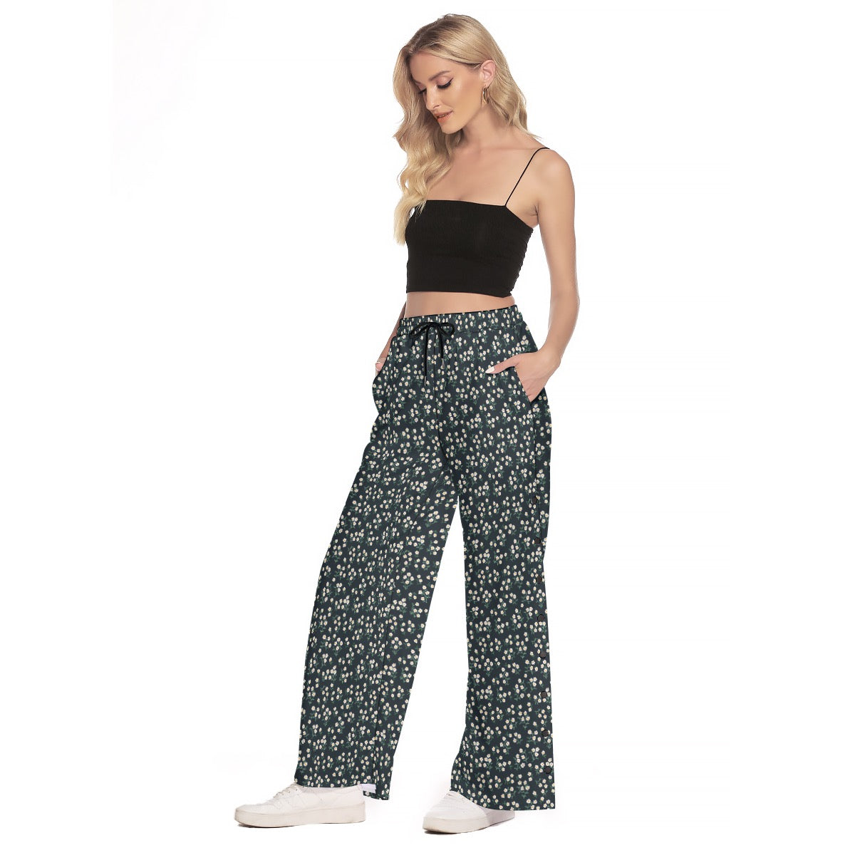 Super Bloom Little margaritas Side Slit Snap Button Trousers. Design hand-painted by the Designer Ma