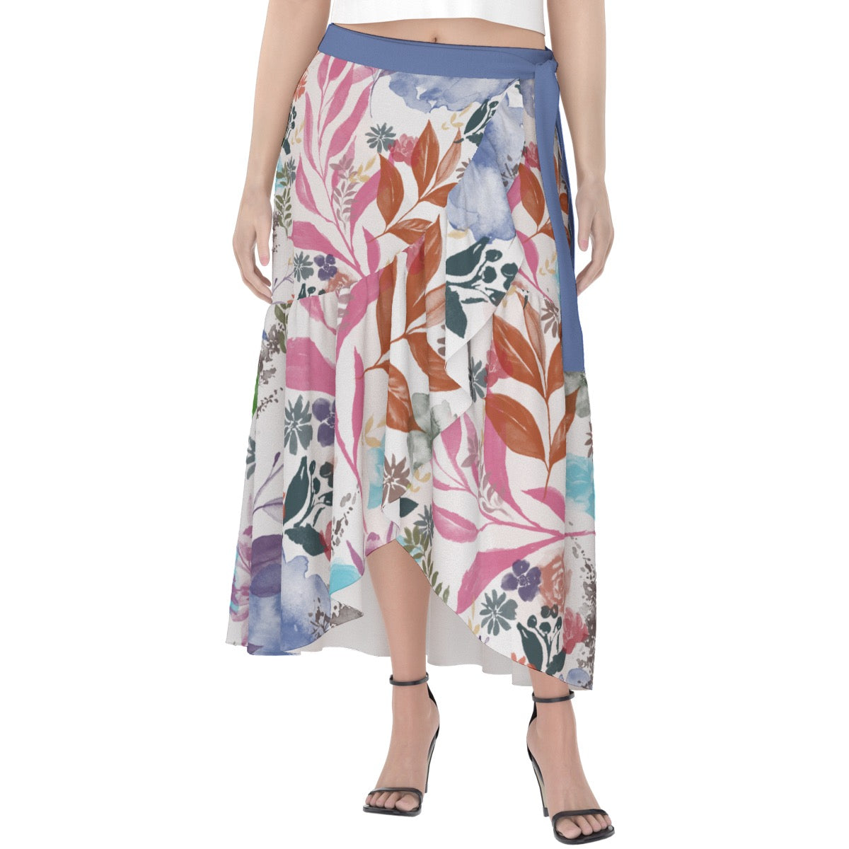 Multicolor Flowers White Wrap Skirt. Design hand-painted by the Designer Maria Alejandra Echenique