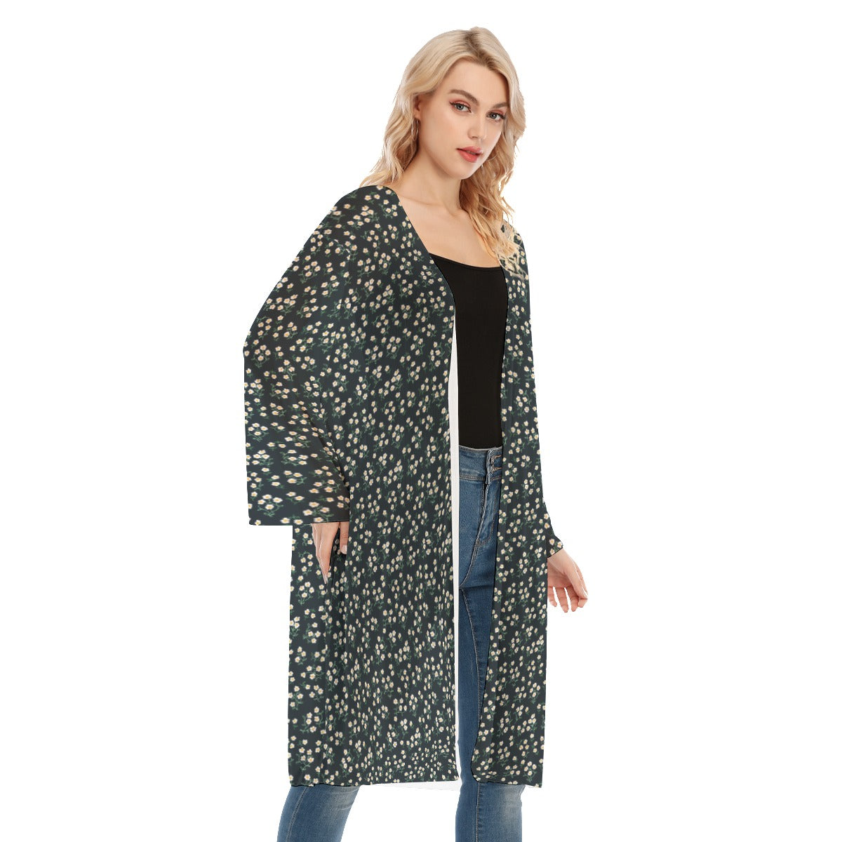 Super Bloom Collection Black Women's Long Sleeve Mesh Cardigan. Cover-up. Design hand-painted by the Designer Maria Alejandra Echenique
