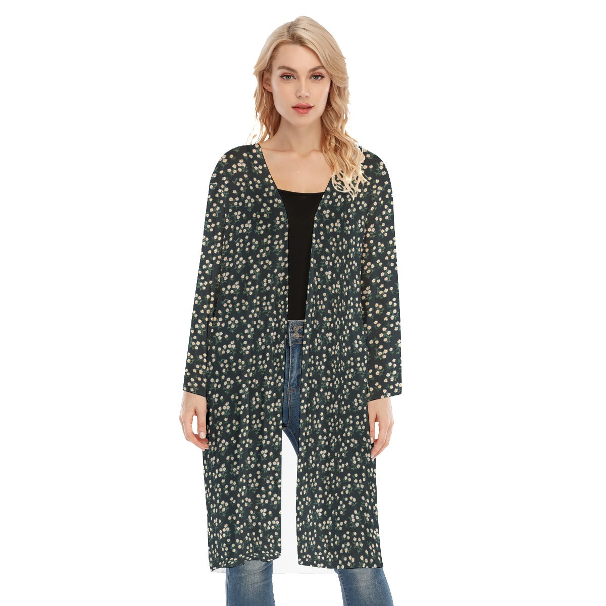 Super Bloom Collection Black Women's Long Sleeve Mesh Cardigan. Cover-up. Design hand-painted by the Designer Maria Alejandra Echenique