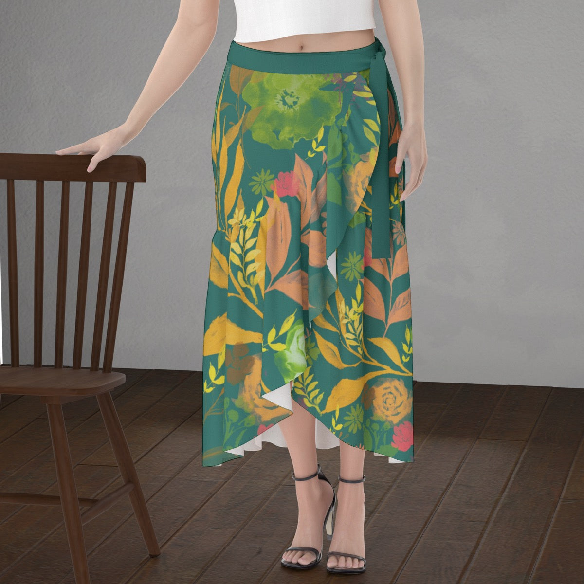 Multicolor Flowers Green Women's Wrap Skirt. Design hand-painted by the Designer Maria Alejandra Echenique