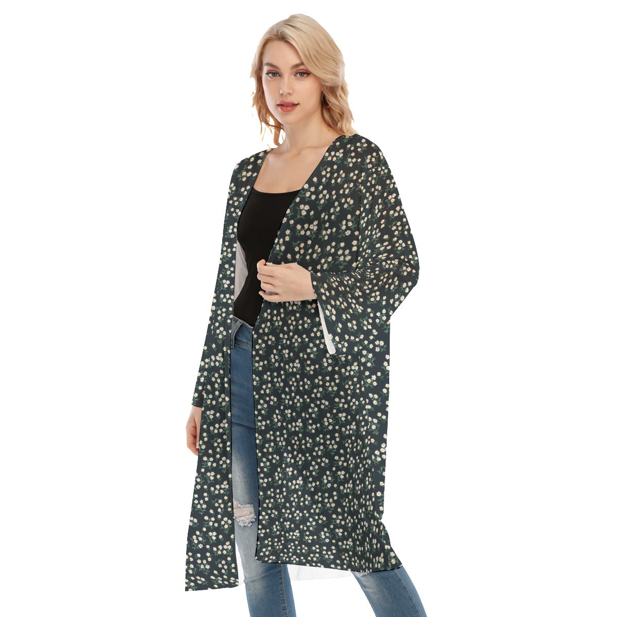 Super Bloom Collection Black Women's Long Sleeve Mesh Cardigan. Cover-up. Design hand-painted by the Designer Maria Alejandra Echenique