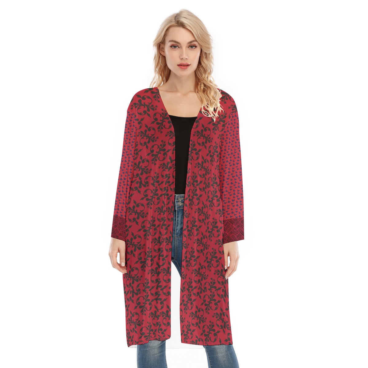 Red Long Sleeve Mesh Cardigan. Mesh Kimono. Caracas Collection