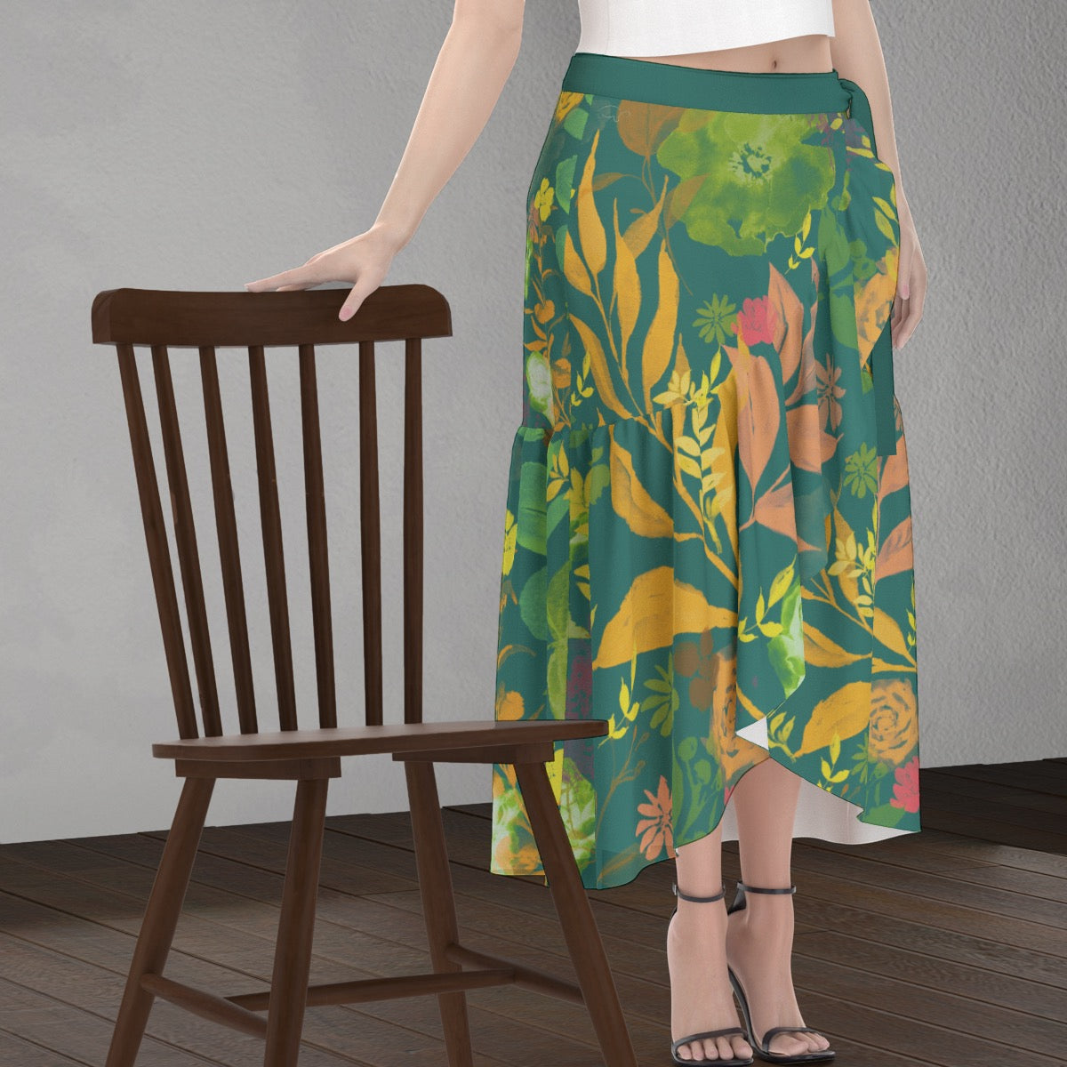 Multicolor Flowers Green Women's Wrap Skirt. Design hand-painted by the Designer Maria Alejandra Echenique