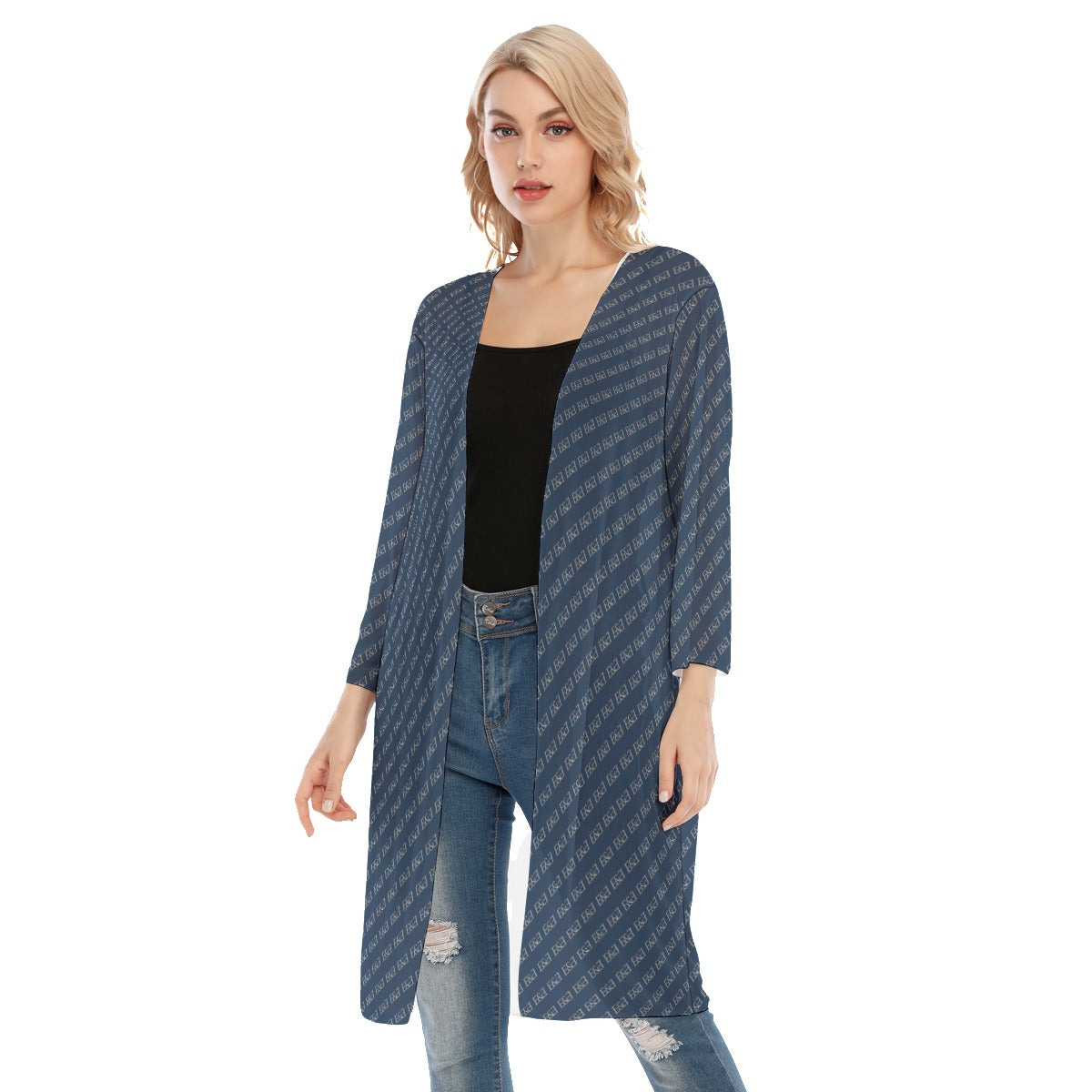 E&E Signature Blue V-neck Mesh Cardigan. Mesh Kimono.