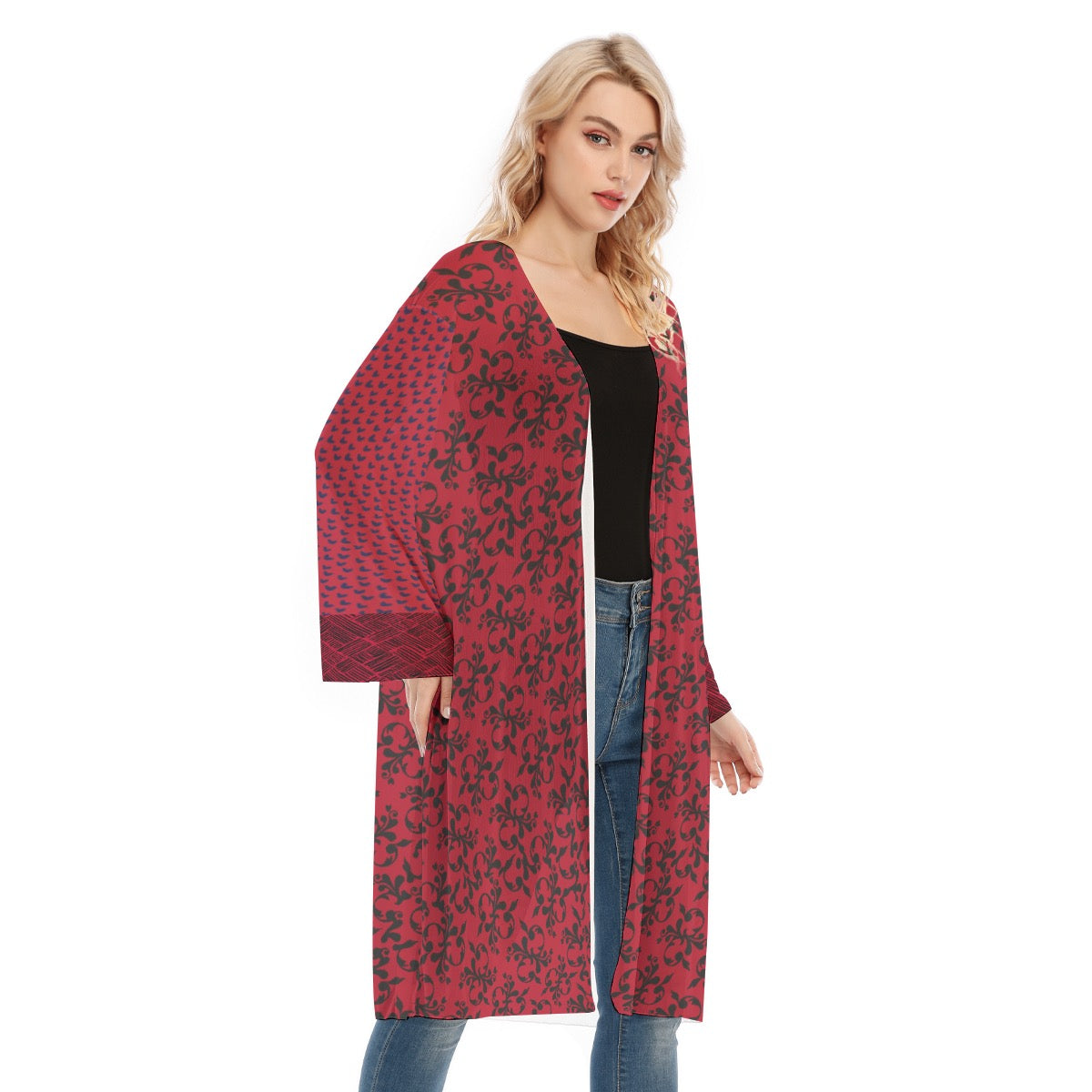 Red Long Sleeve Mesh Cardigan. Mesh Kimono. Caracas Collection