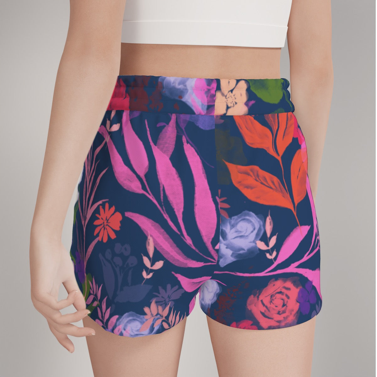 Multicolor Flowers Blue Women's Casual Shorts. Design hand-painted by the Designer Maria Alejandra E