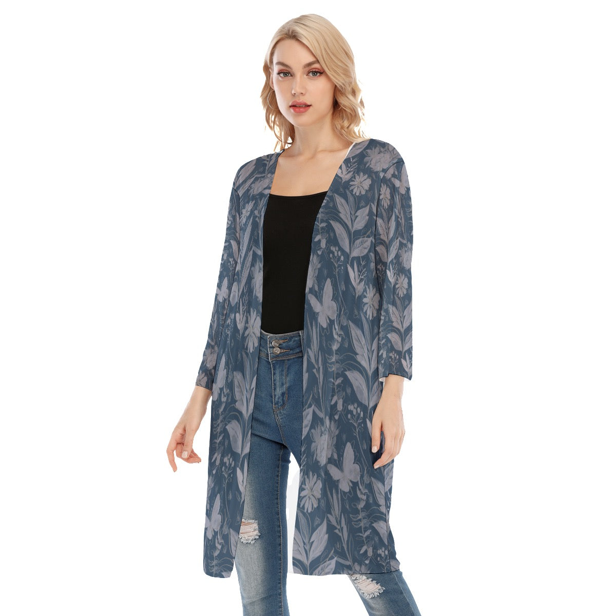 Watercolor Blue V-neck Mesh Cardigan. Mesh Kimono. Houston Collection. Design hand-painted by the Designer Maria Alejand
