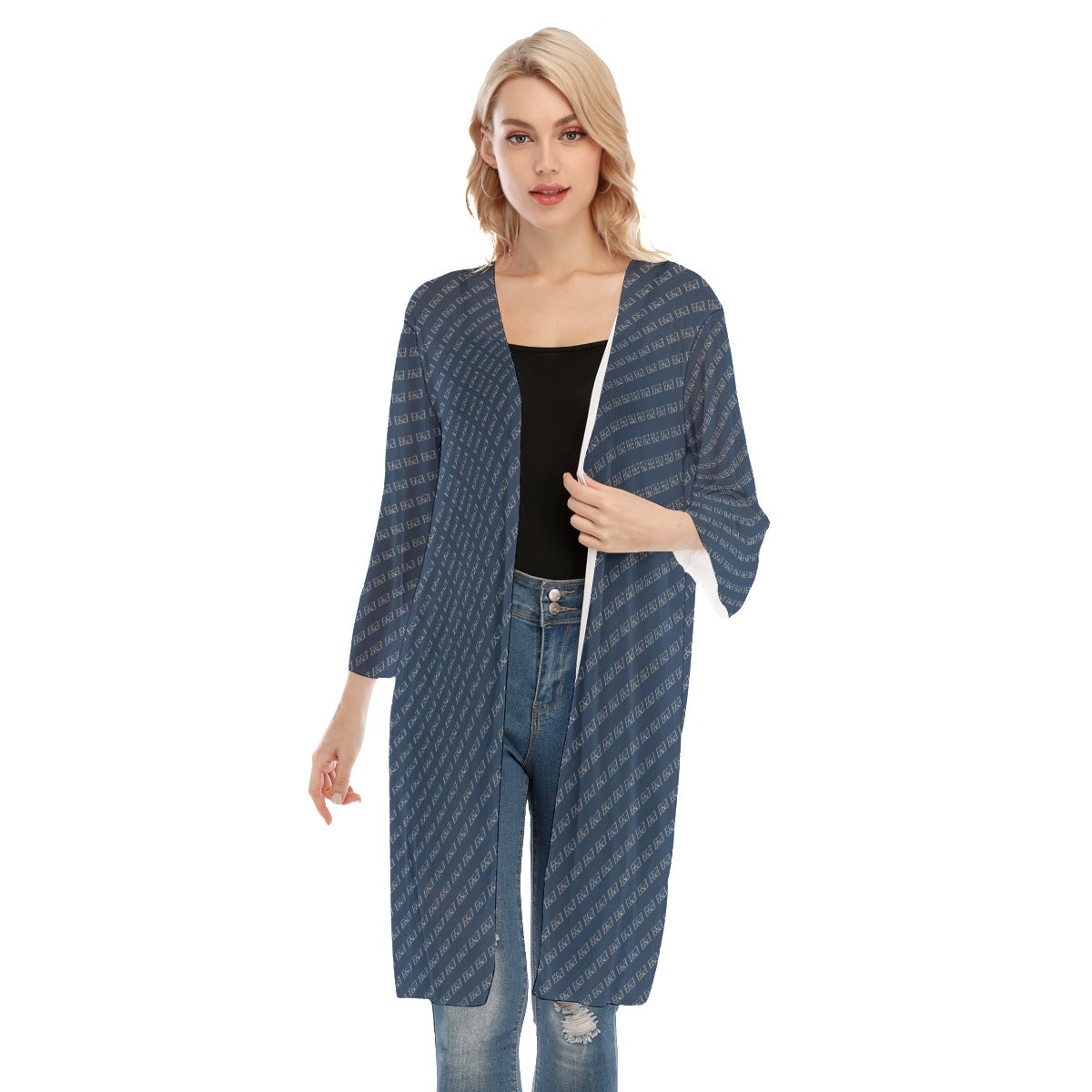 E&E Signature Blue V-neck Mesh Cardigan. Mesh Kimono.