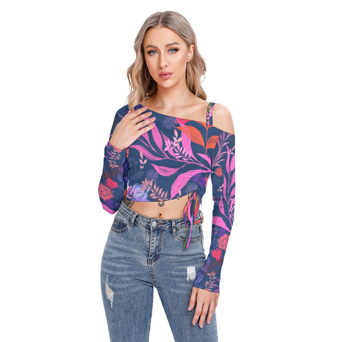 Multicolor flowers Blue Women's One-shoulder Blouse With Drawstring. Houston Collection. Design hand-painted by the Designer Maria Alejandra Echenique