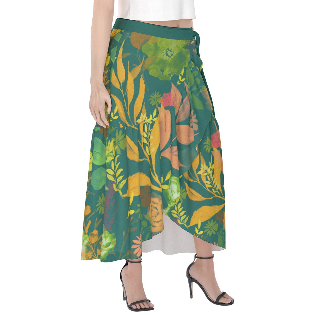 Multicolor Flowers Green Women's Wrap Skirt. Design hand-painted by the Designer Maria Alejandra Echenique