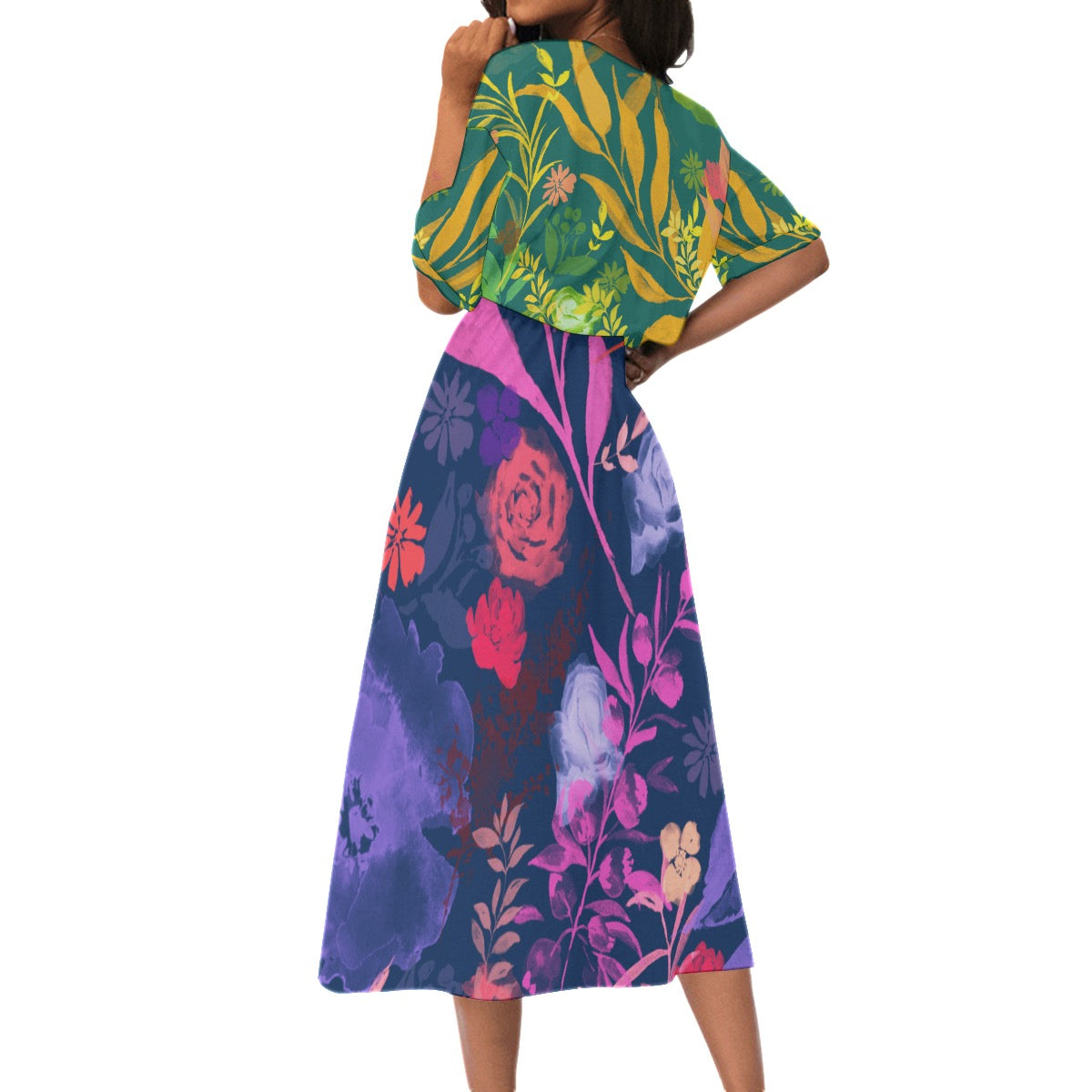 Multicolor Flowers Blue & Green Women's Elastic Waist Dress. Design hand-painted by the Designer Maria Alejandra