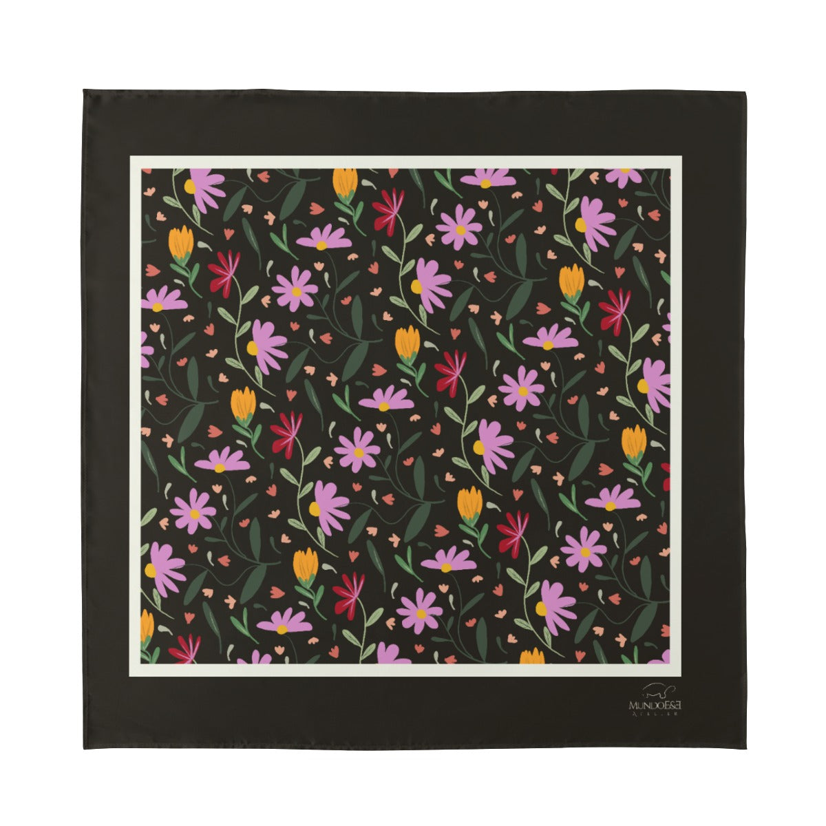 Botanical Black Silk Scarf. Pattern hand-painted by the Designer Maria Alejandra Echenique