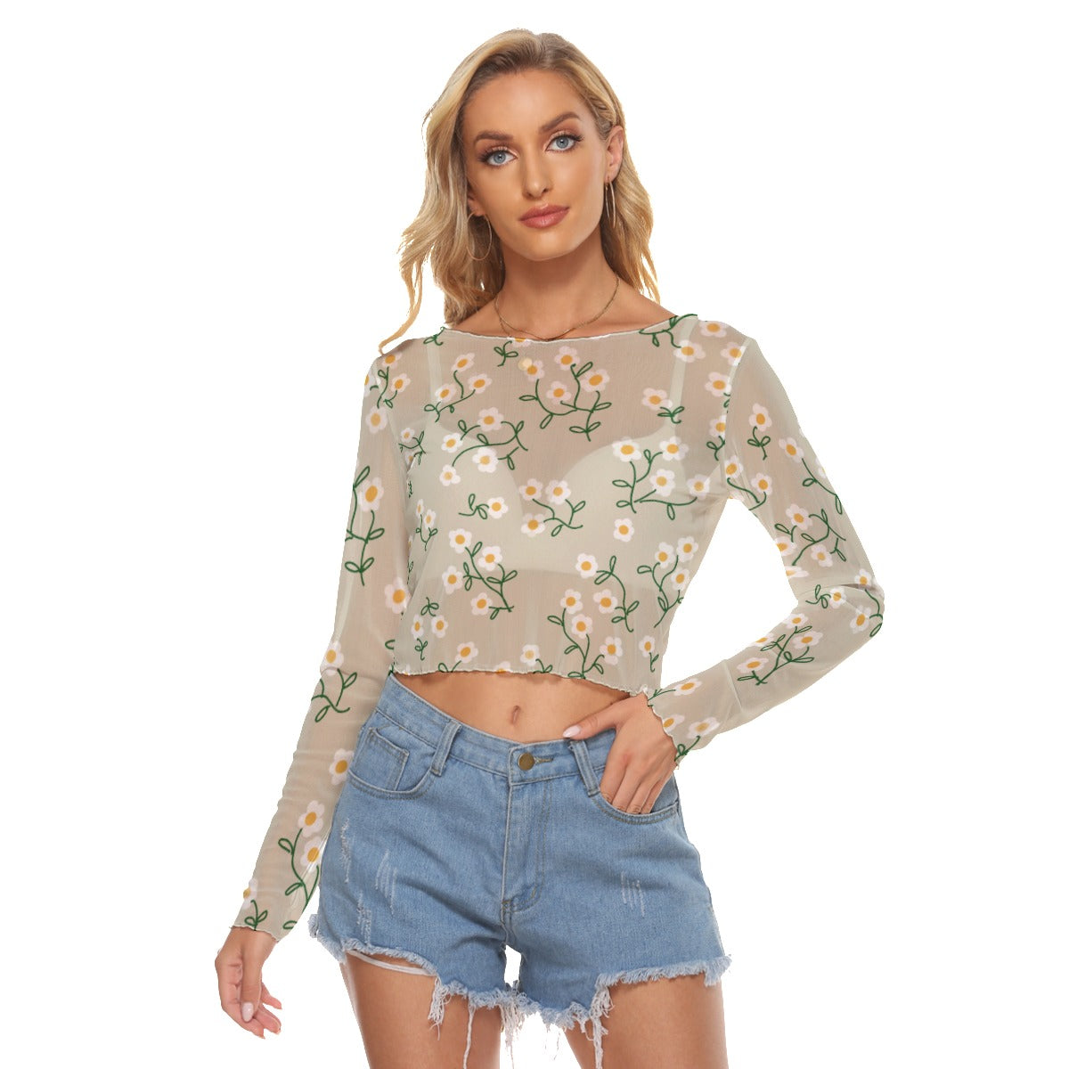 Super Bloom Collection Women's Mesh Long Sleeves T-shirt. Pattern hand-painted by the Designer Maria Alejandra Echenique