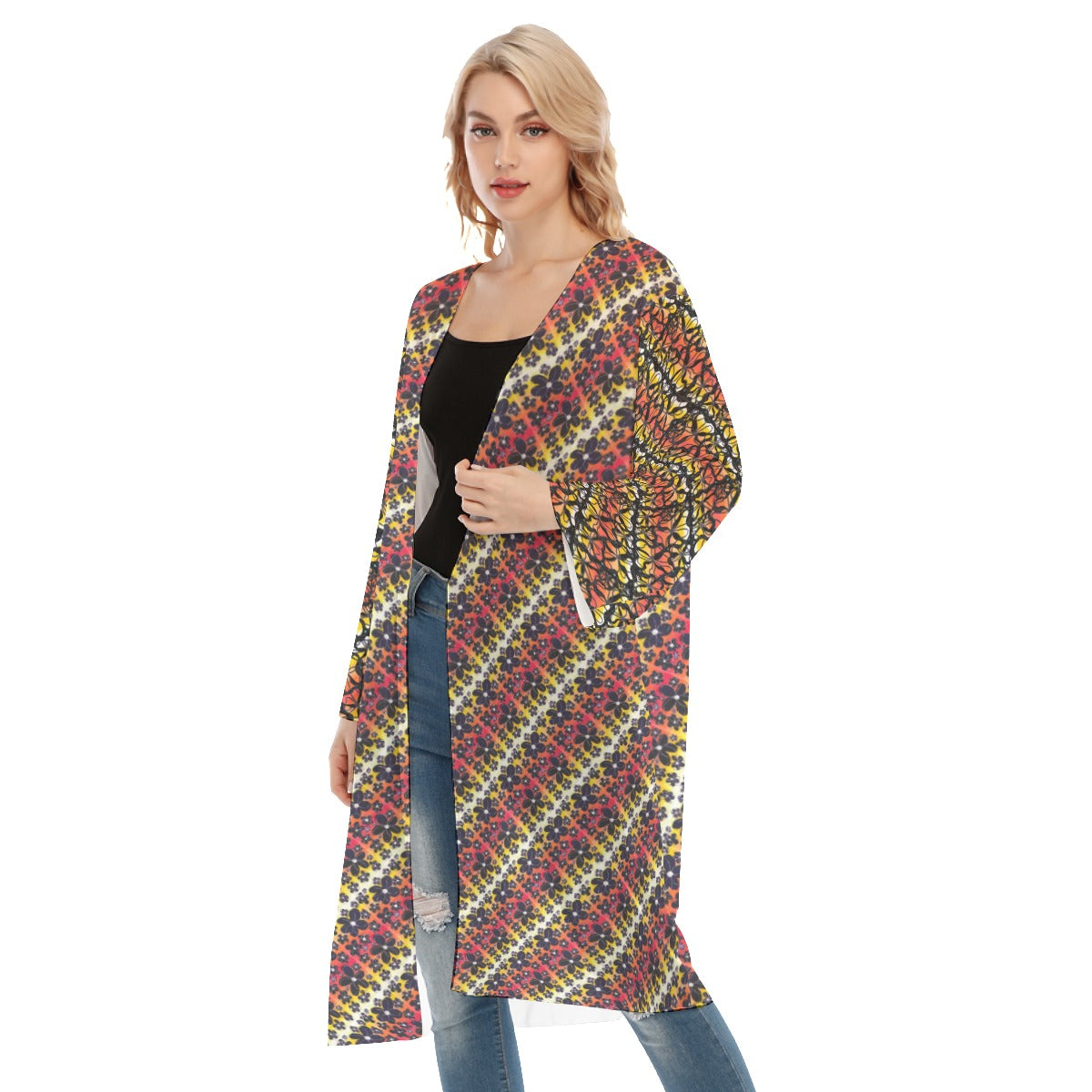 Degrade Flowers Long Sleeve Mesh Cardigan. Mesh kimono. cover up. Design hand-painted by the Designe