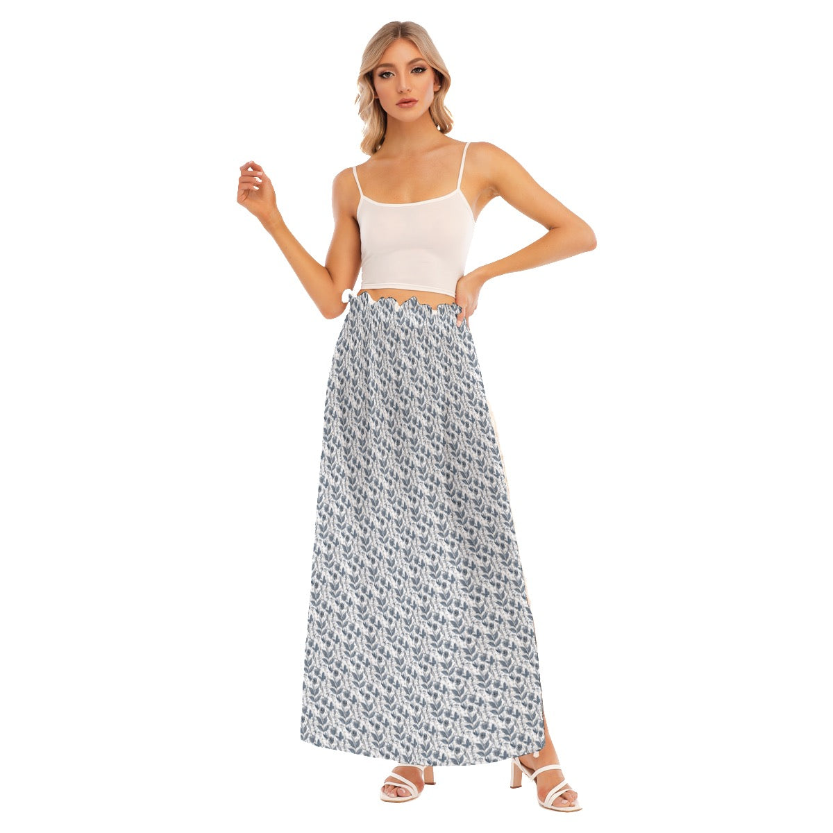 Watercolor White and Blue Side Split Skirt. Houston Collection. Design hand-painted by the Designer