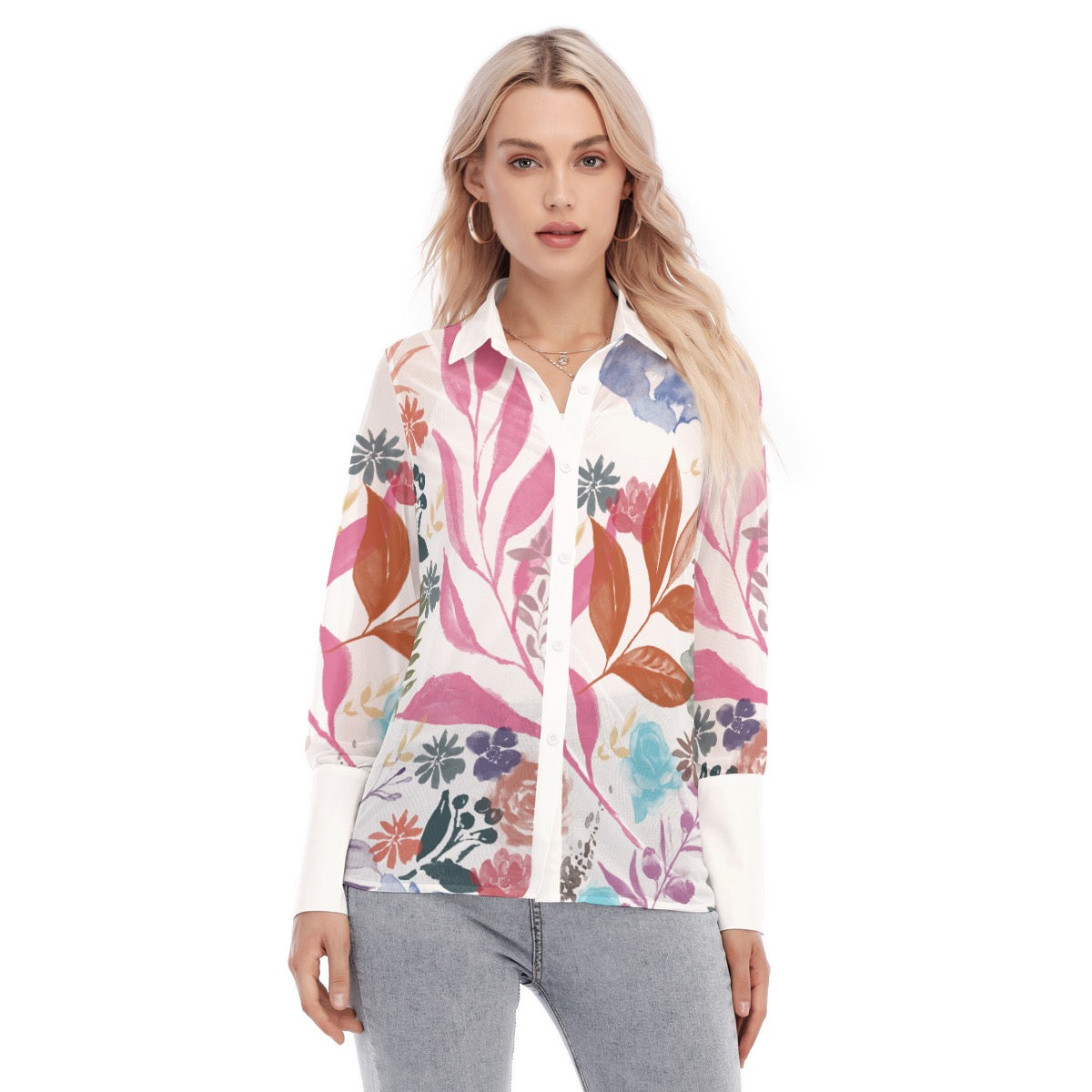 Multicolor Flowers White Women's Mesh Blouse. Design hand-painted by the Designer Maria Alejandra Ec