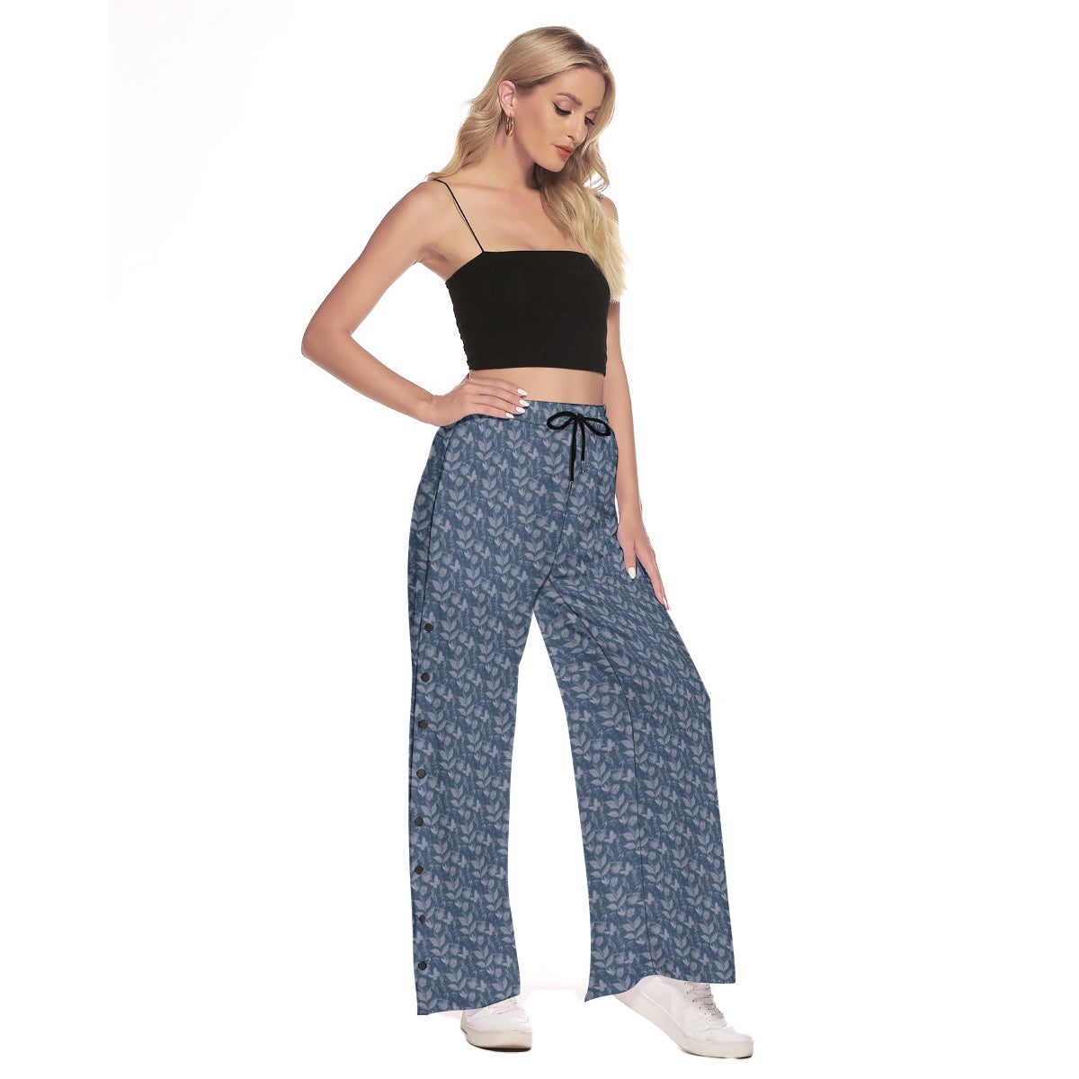 Watercolor Blue Side Slit Snap Button Trousers. Houston Collection. Design hand-painted by the Designer Maria Alejandra Echenique