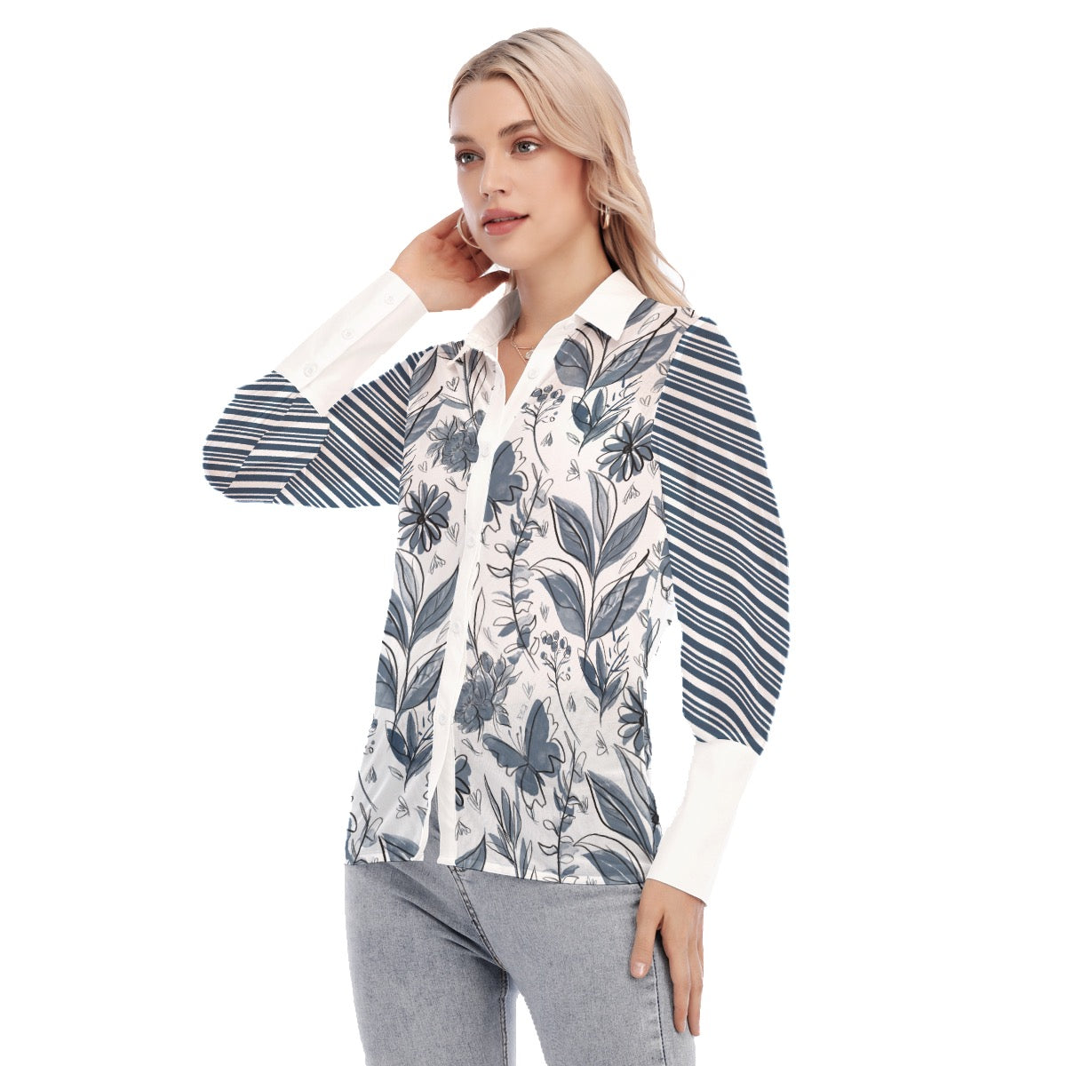 Watercolor blue and white Women's Mesh Blouse. Design hand-painted by the Designer Maria Alejandra E