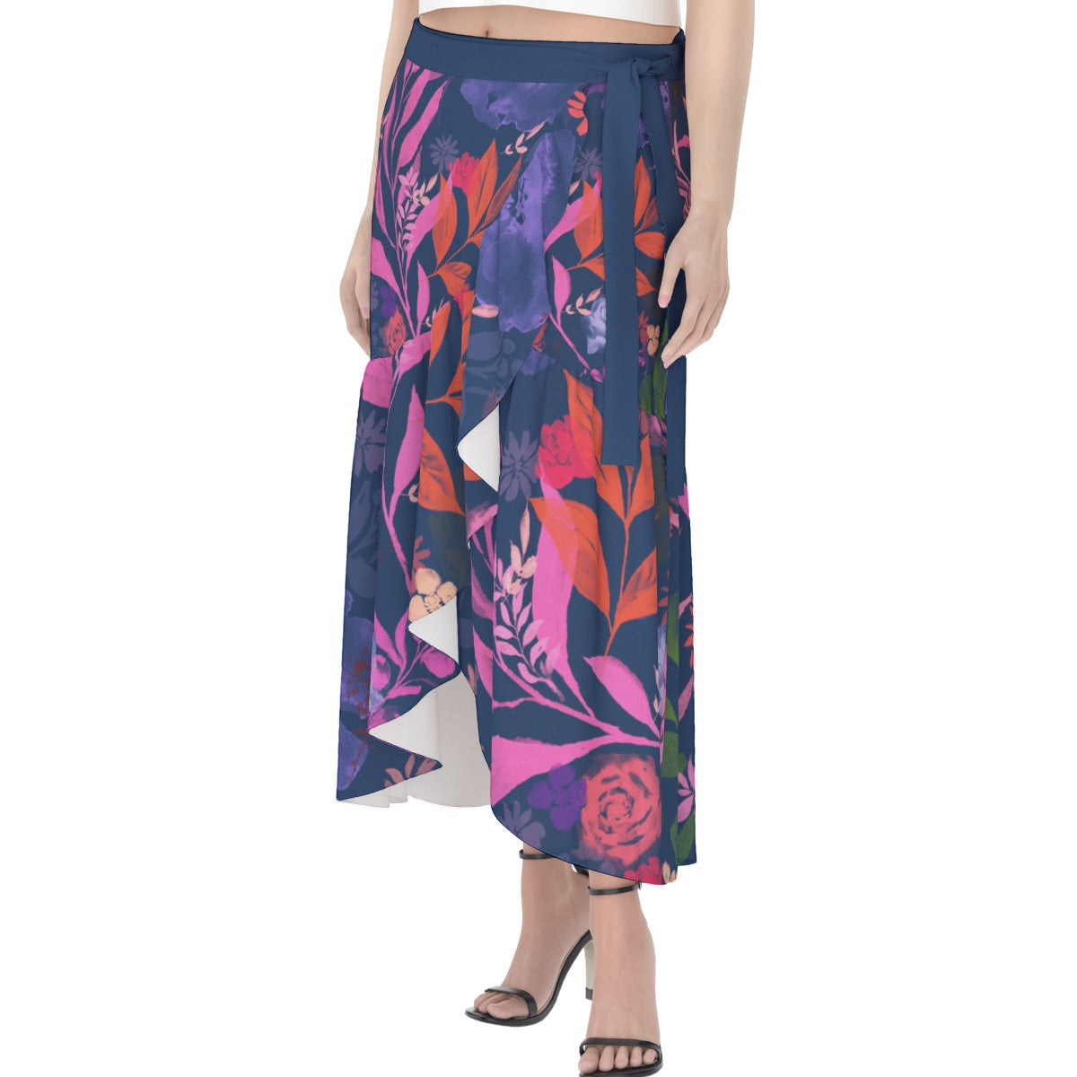 Multicolor Flowers Blue Women's Wrap Skirt. Houston Collection. Design hand-painted by the Designer