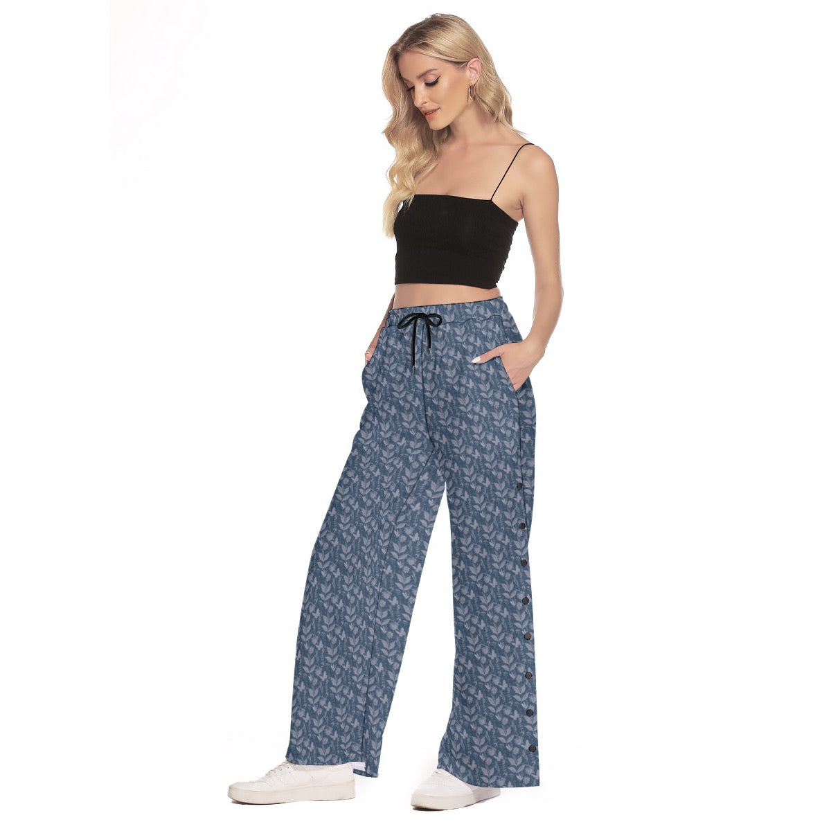 Watercolor Blue Side Slit Snap Button Trousers. Houston Collection. Design hand-painted by the Designer Maria Alejandra Echenique
