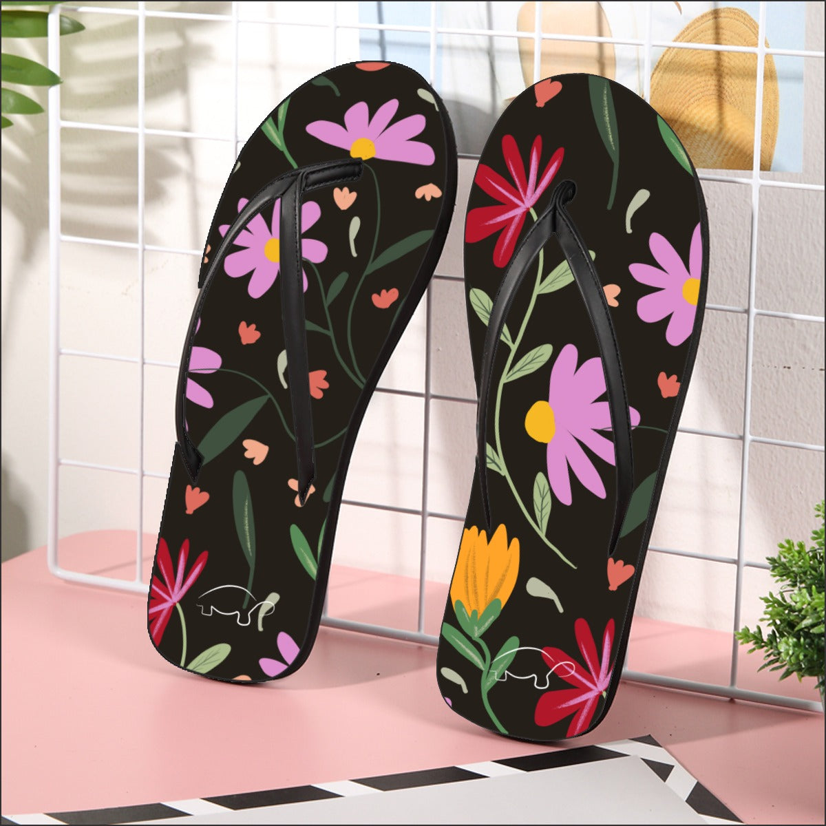 Botanical Black Women's Flip Flops. Pattern hand-painted by the Designer Maria Alejandra Echenique