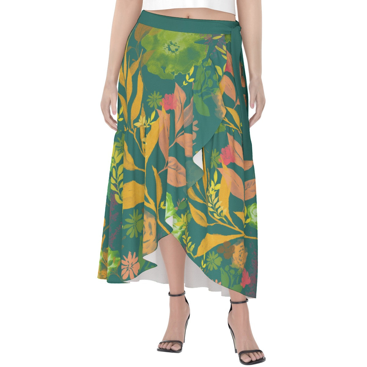 Multicolor Flowers Green Women's Wrap Skirt. Design hand-painted by the Designer Maria Alejandra Echenique