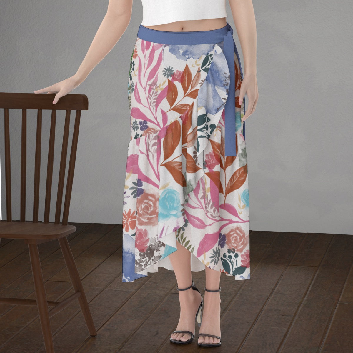 Multicolor Flowers White Wrap Skirt. Design hand-painted by the Designer Maria Alejandra Echenique