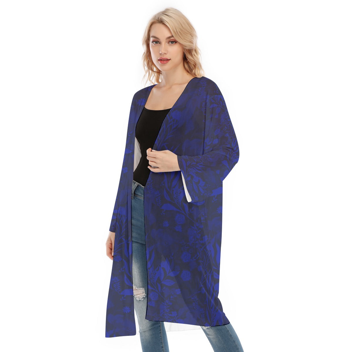 Blue Long Sleeve Mesh Cardigan. Mesh Kimono. Caracas Collection