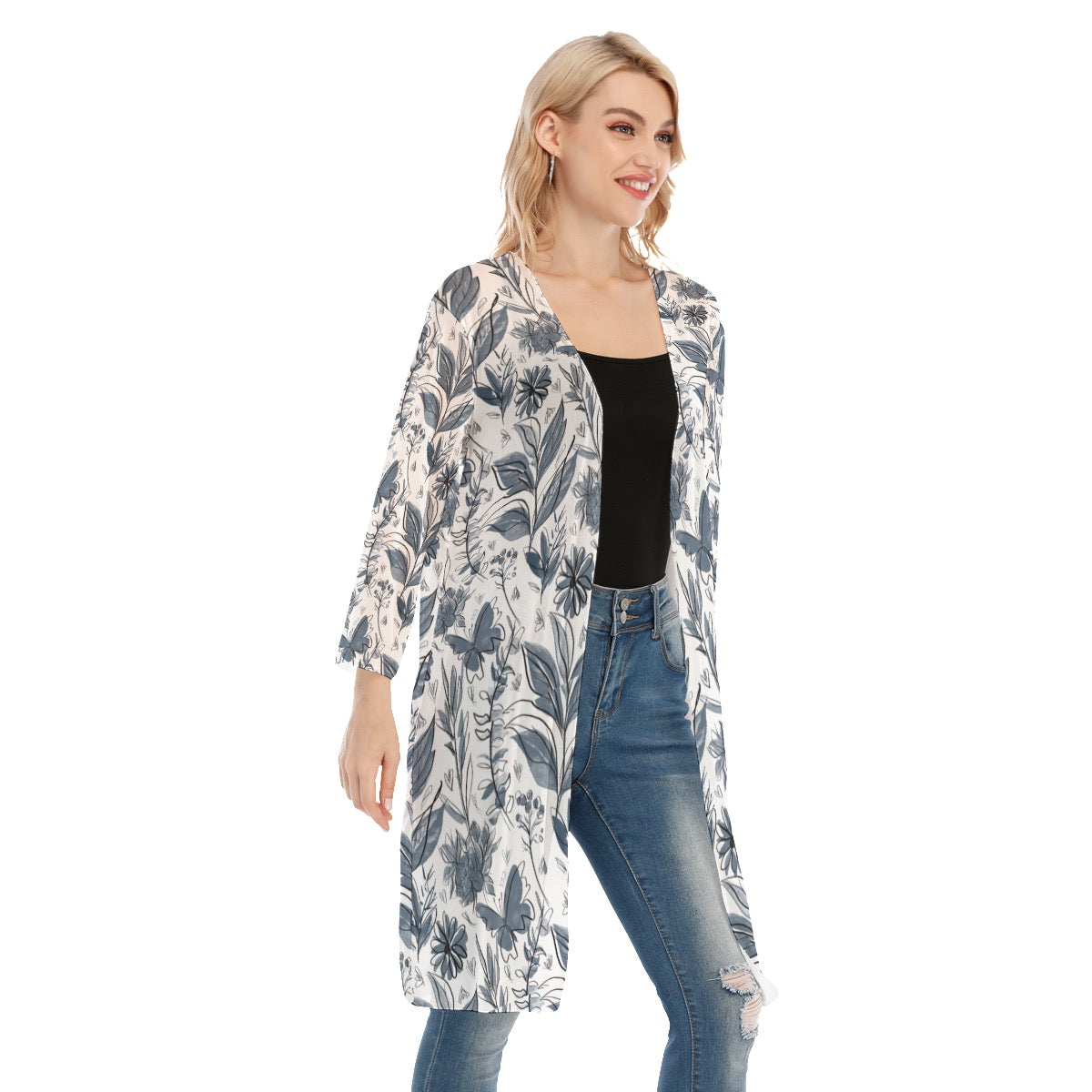 Watercolor White and Blue V-neck Mesh Cardigan. Houston collection. Design hand-painted by the Designer Maria Alejandra Echenique