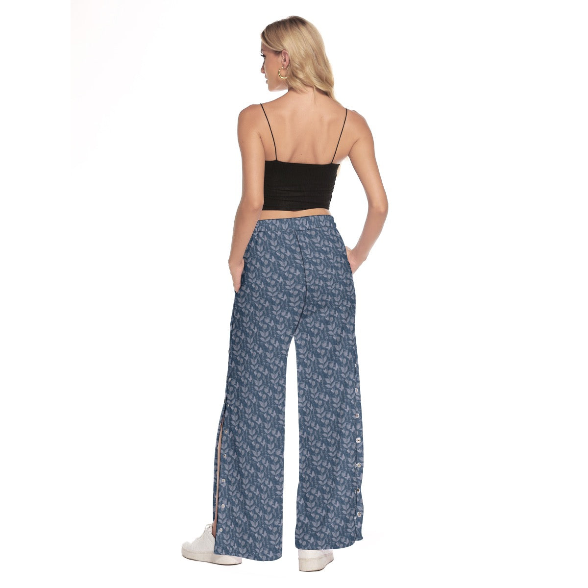 Watercolor Blue Side Slit Snap Button Trousers. Houston Collection. Design hand-painted by the Designer Maria Alejandra Echenique
