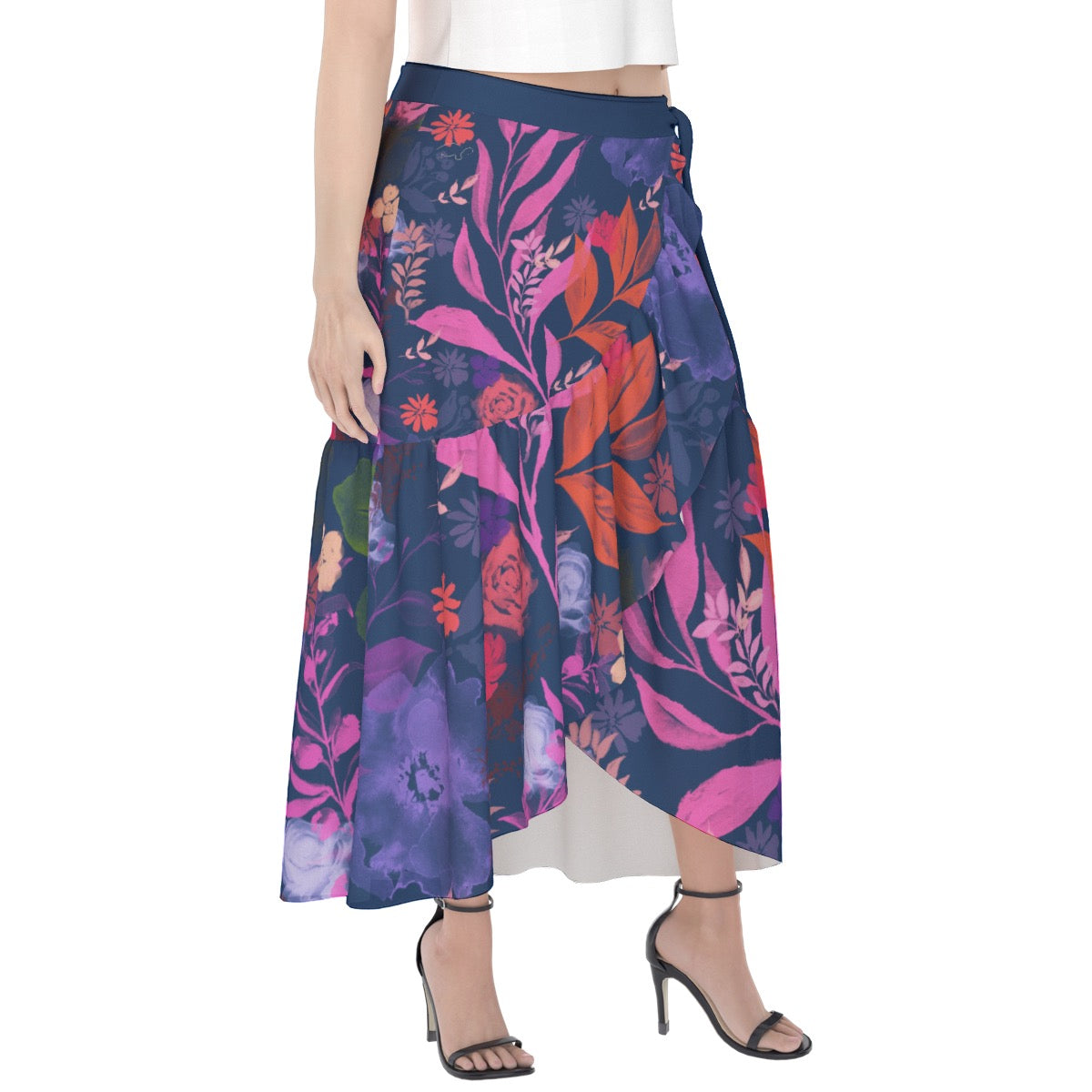 Multicolor Flowers Blue Women's Wrap Skirt. Houston Collection. Design hand-painted by the Designer