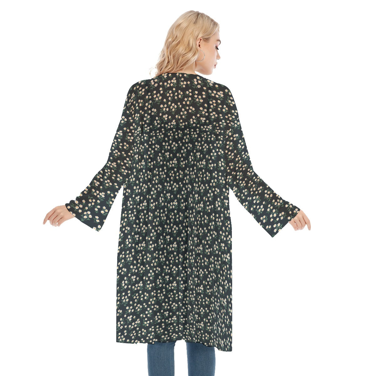 Super Bloom Collection Black Women's Long Sleeve Mesh Cardigan. Cover-up. Design hand-painted by the Designer Maria Alejandra Echenique