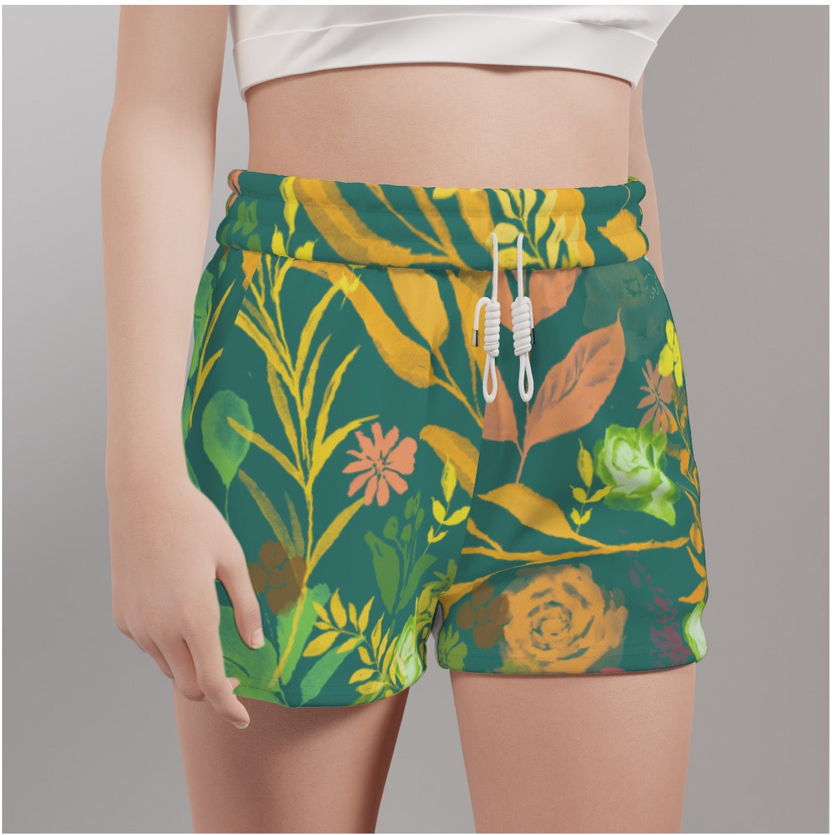 Multicolor Flowers Green Casual Shorts. Design hand-painted by the Designer Maria Alejandra Echenique