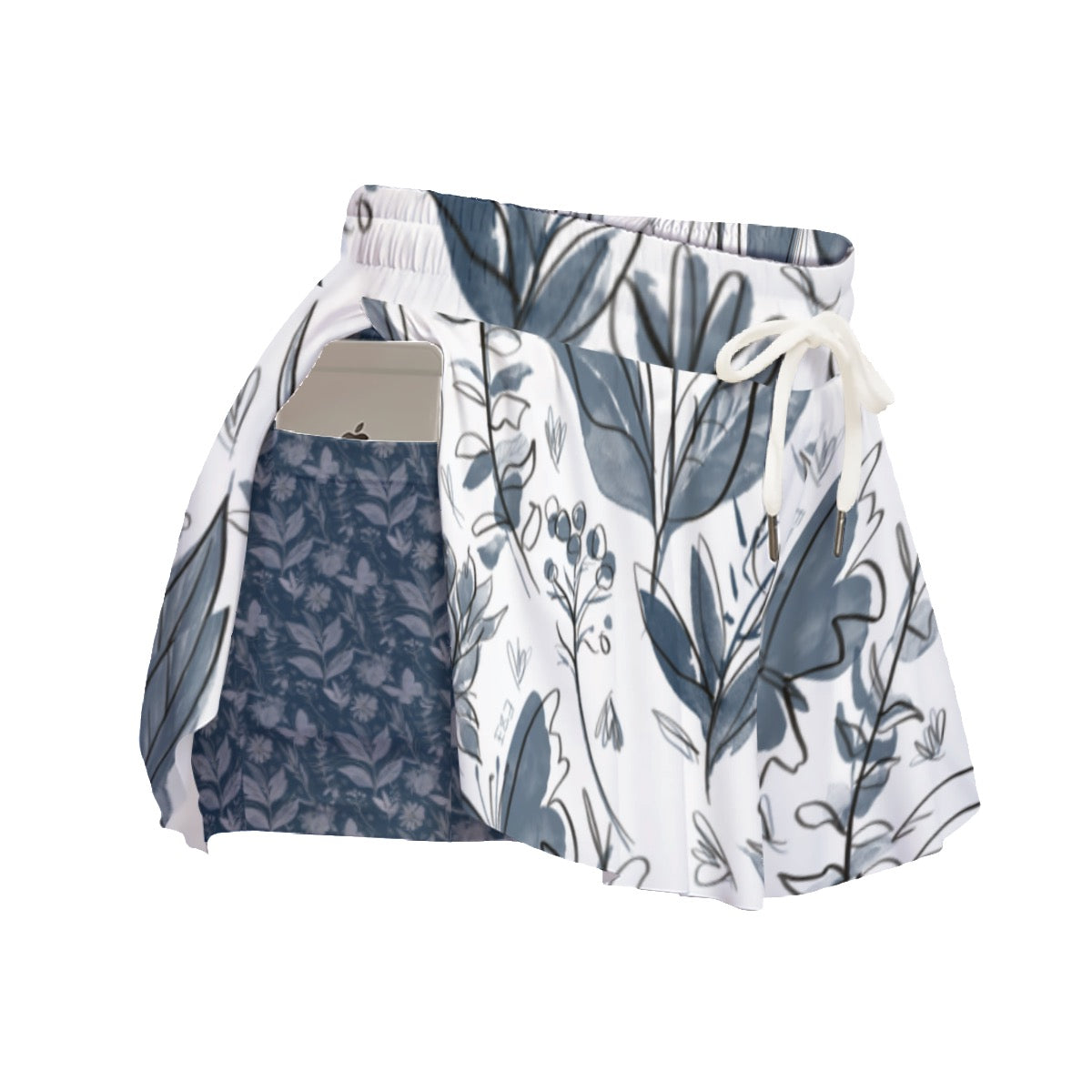 Watercolor White & Blue Sport Skorts With Pocket. Houston Collection. Design hand-painted by the Designer Maria Alejandra Echenique