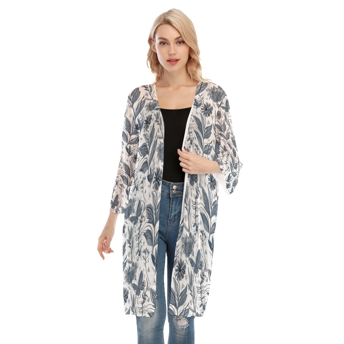 Watercolor White and Blue V-neck Mesh Cardigan. Houston collection. Design hand-painted by the Designer Maria Alejandra Echenique