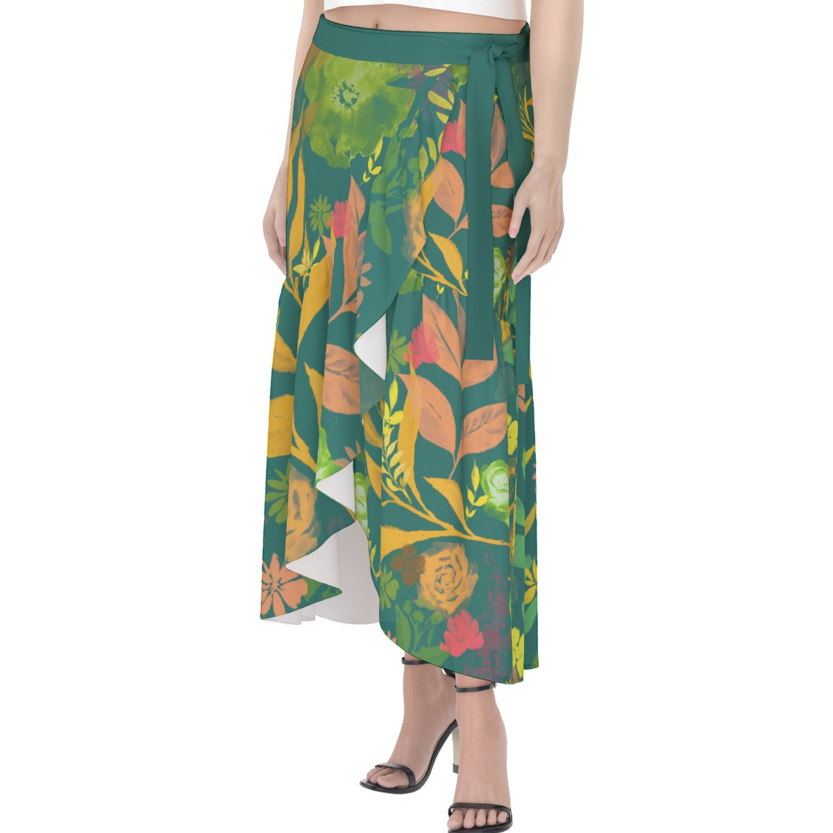 Multicolor Flowers Green Women's Wrap Skirt. Design hand-painted by the Designer Maria Alejandra Echenique