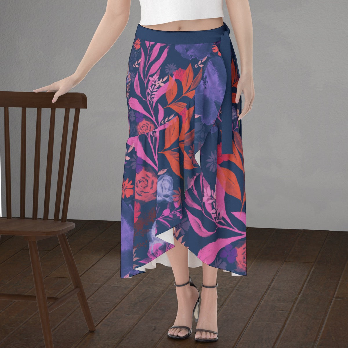 Multicolor Flowers Blue Women's Wrap Skirt. Houston Collection. Design hand-painted by the Designer