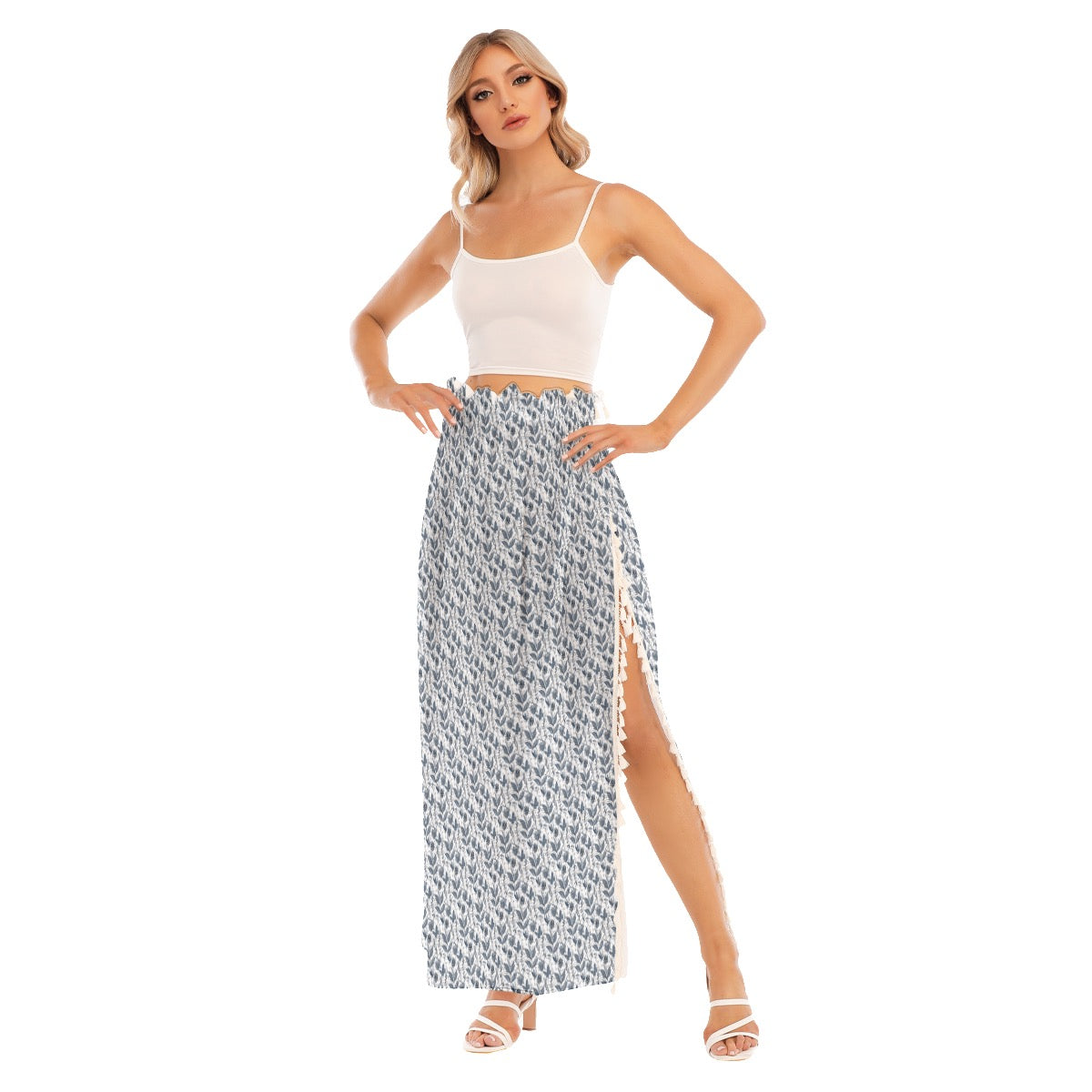 Watercolor White and Blue Side Split Skirt. Houston Collection. Design hand-painted by the Designer