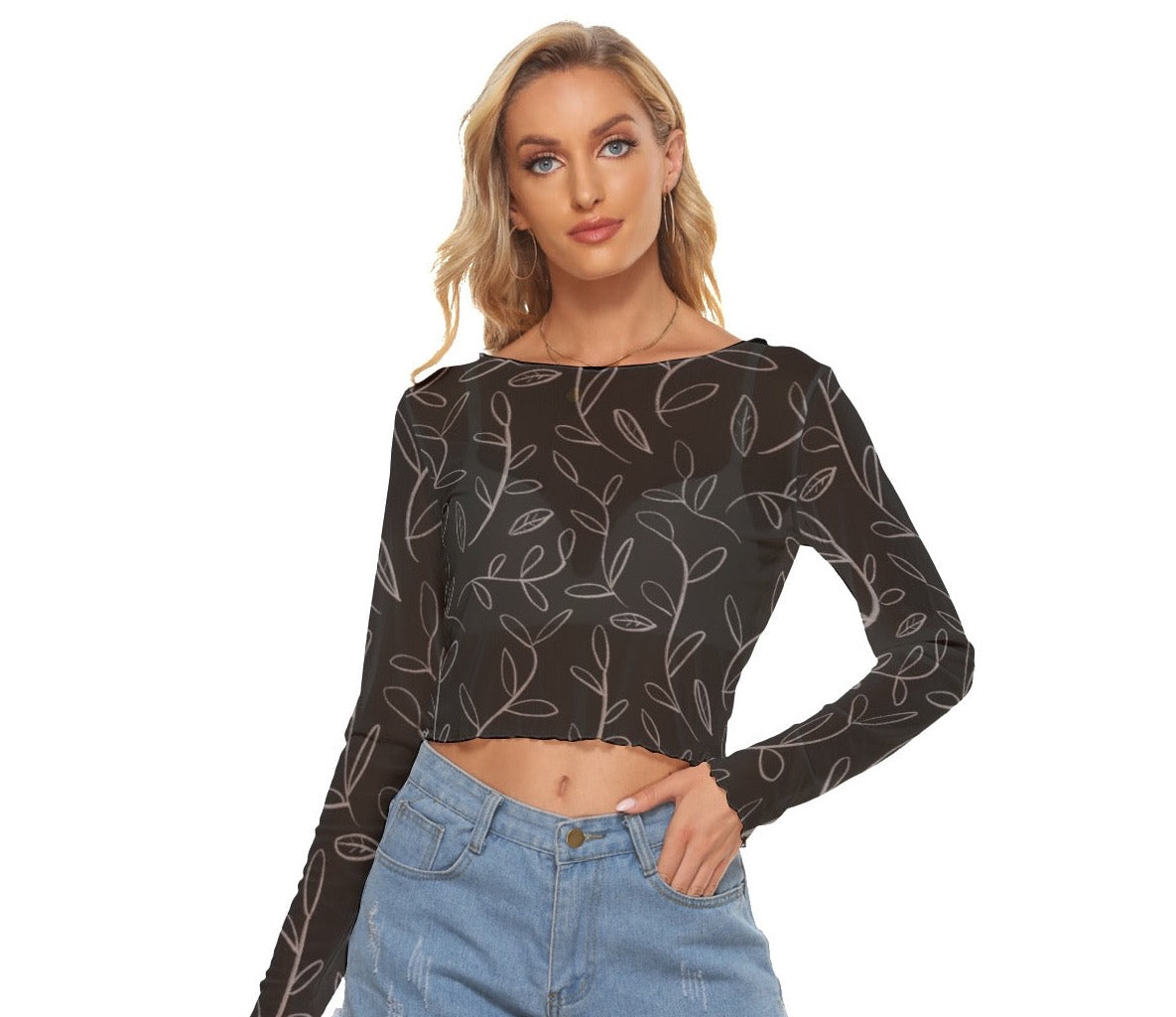 Super Bloom Collection Women's Mesh Long Sleeves T-shirt. Pattern hand-painted by the Designer Maria Alejandra Echenique