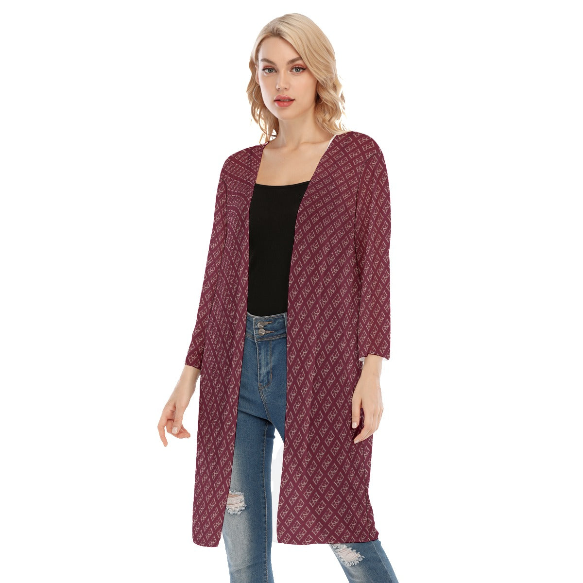 E&E Signature Red-Wine V-neck Mesh Cardigan.