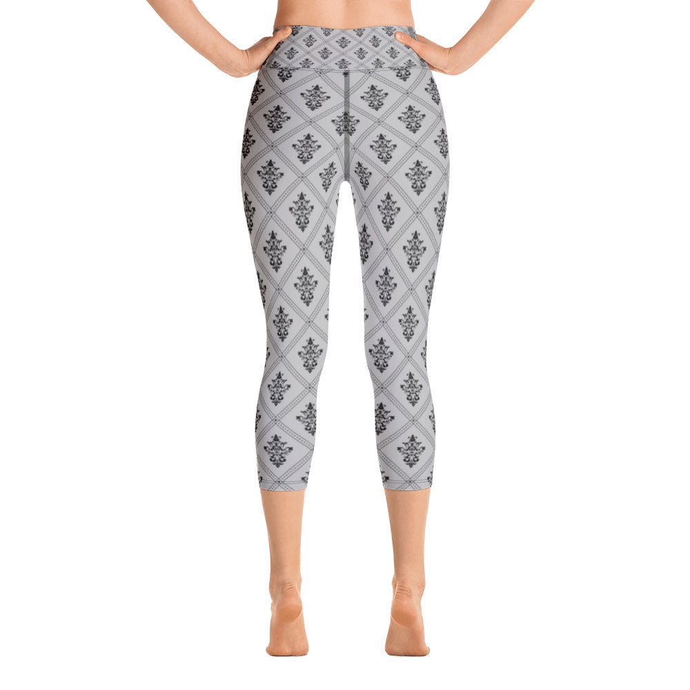 Grey and Black Ornament Yoga Capri Leggings