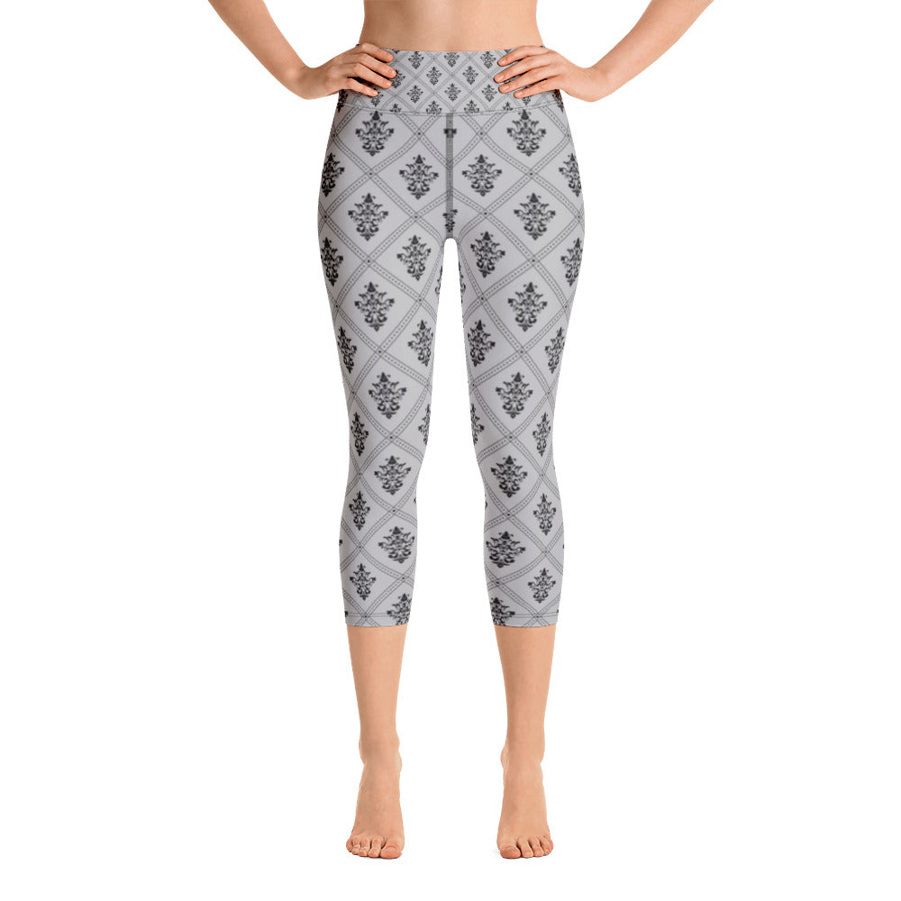 Grey and Black Ornament Yoga Capri Leggings