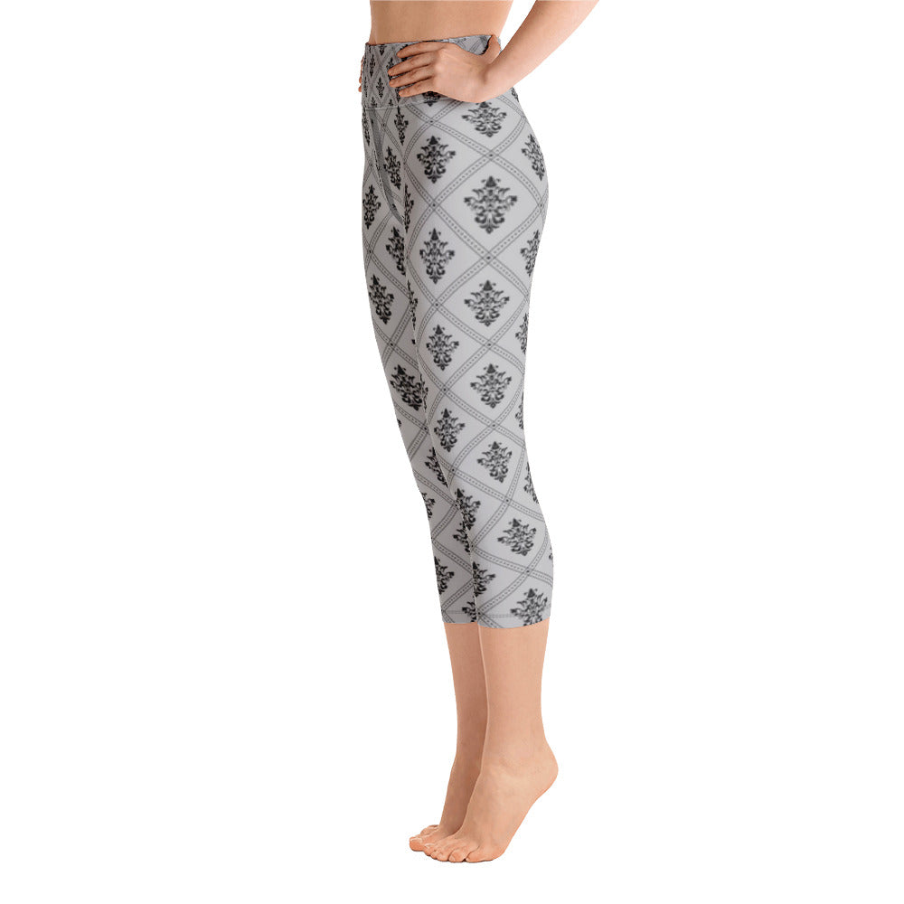 Grey and Black Ornament Yoga Capri Leggings