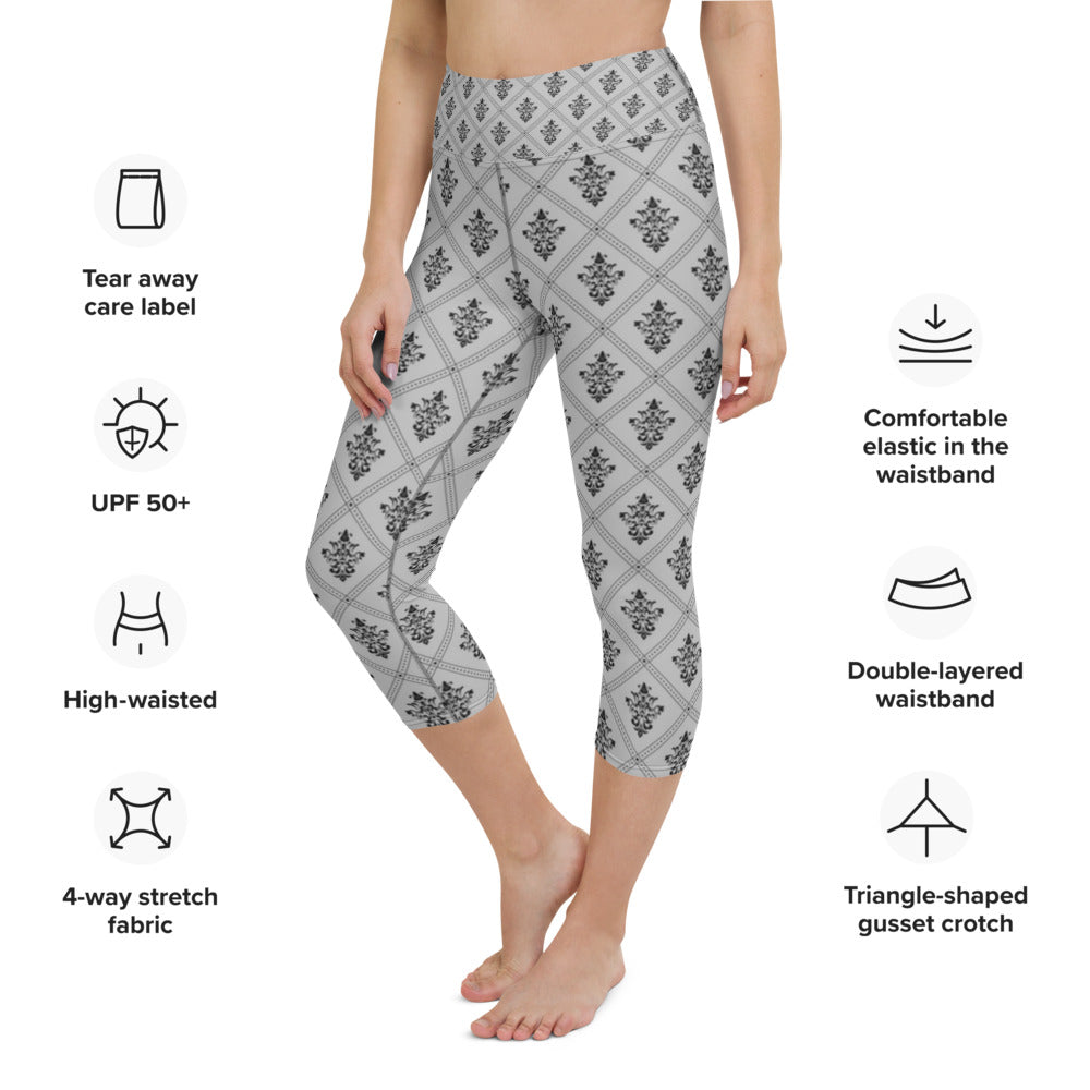 Grey and Black Ornament Yoga Capri Leggings