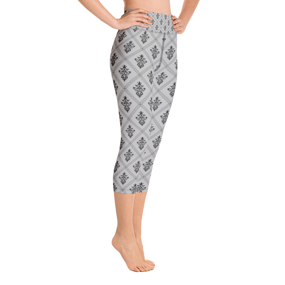 Grey and Black Ornament Yoga Capri Leggings