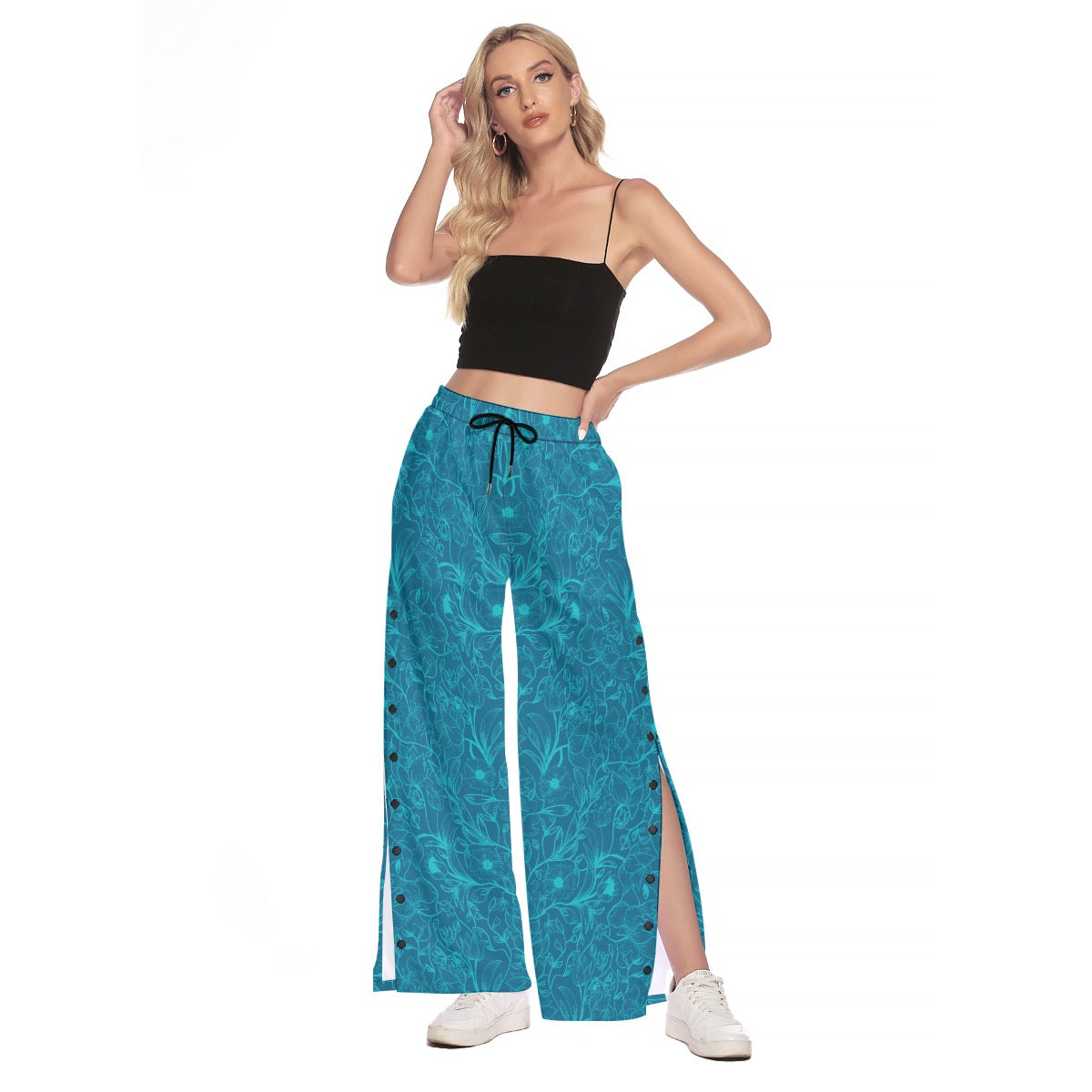 Blue and celeste flowers Side Slit Snap Button Trousers. Miami Collection